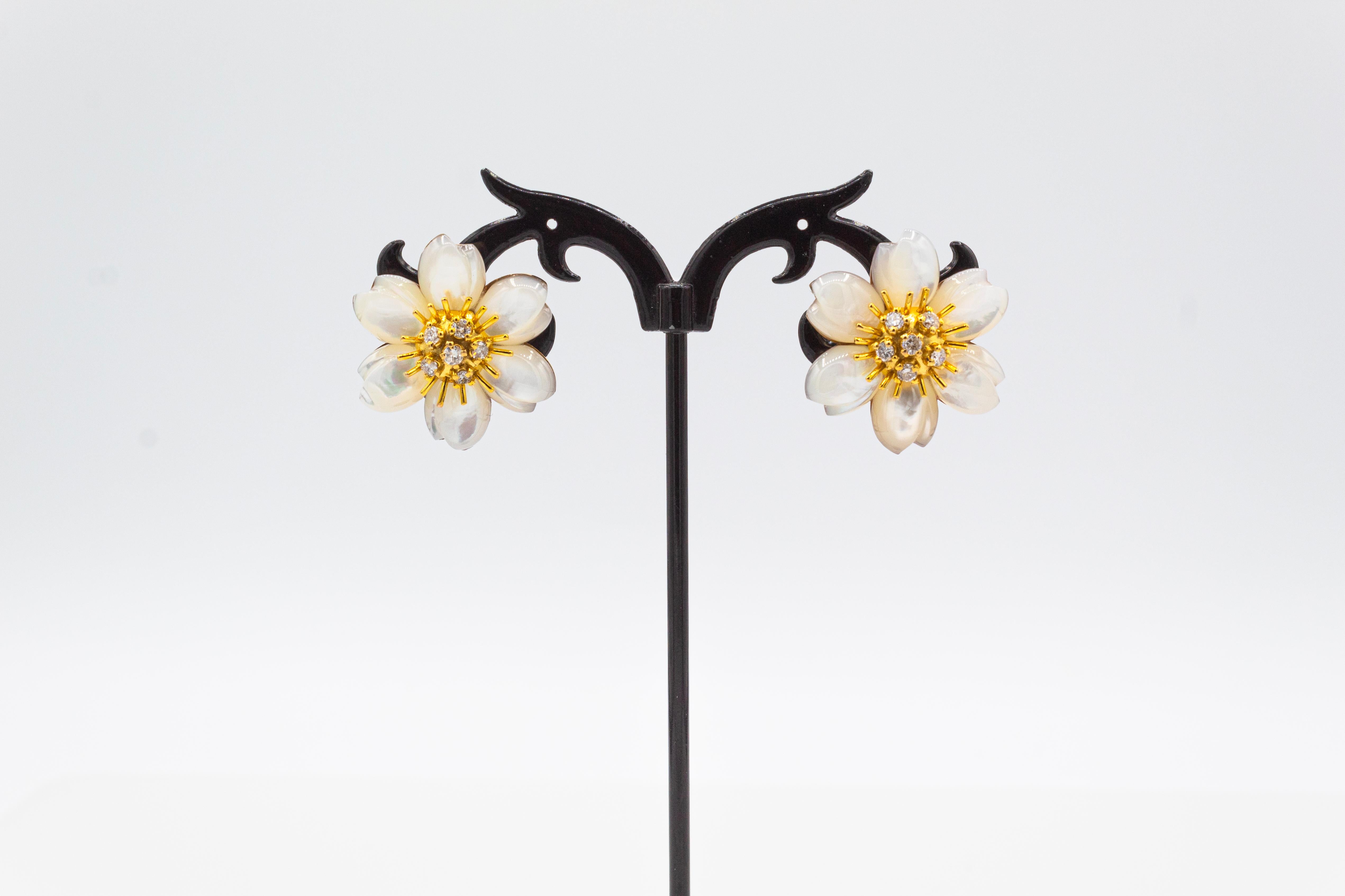 Brilliant Cut Art Nouveau White Diamond Mother Of Pearl Yellow Gold Flowers Clip-On Earrings