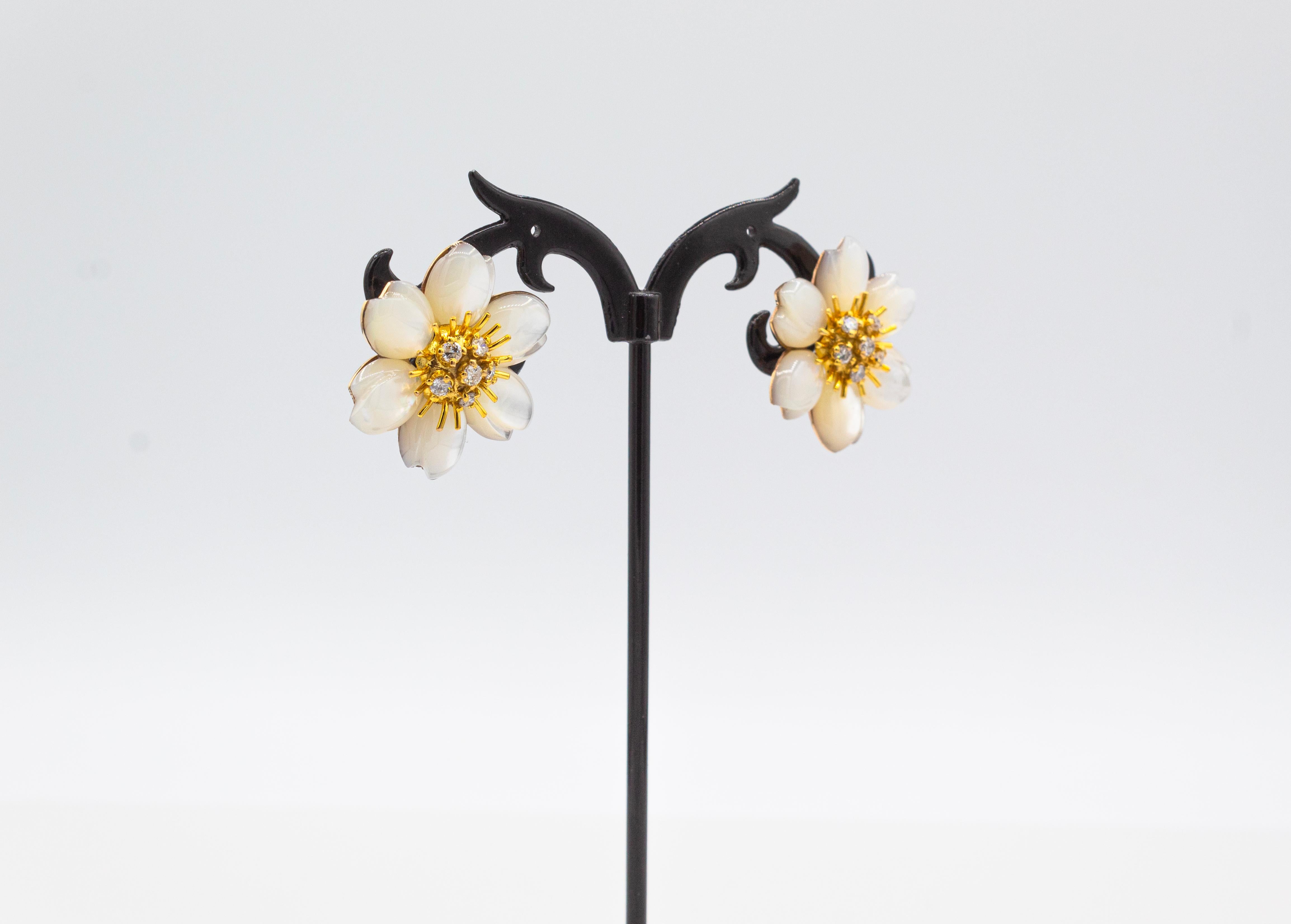 Women's or Men's Art Nouveau White Diamond Mother Of Pearl Yellow Gold Flowers Clip-On Earrings