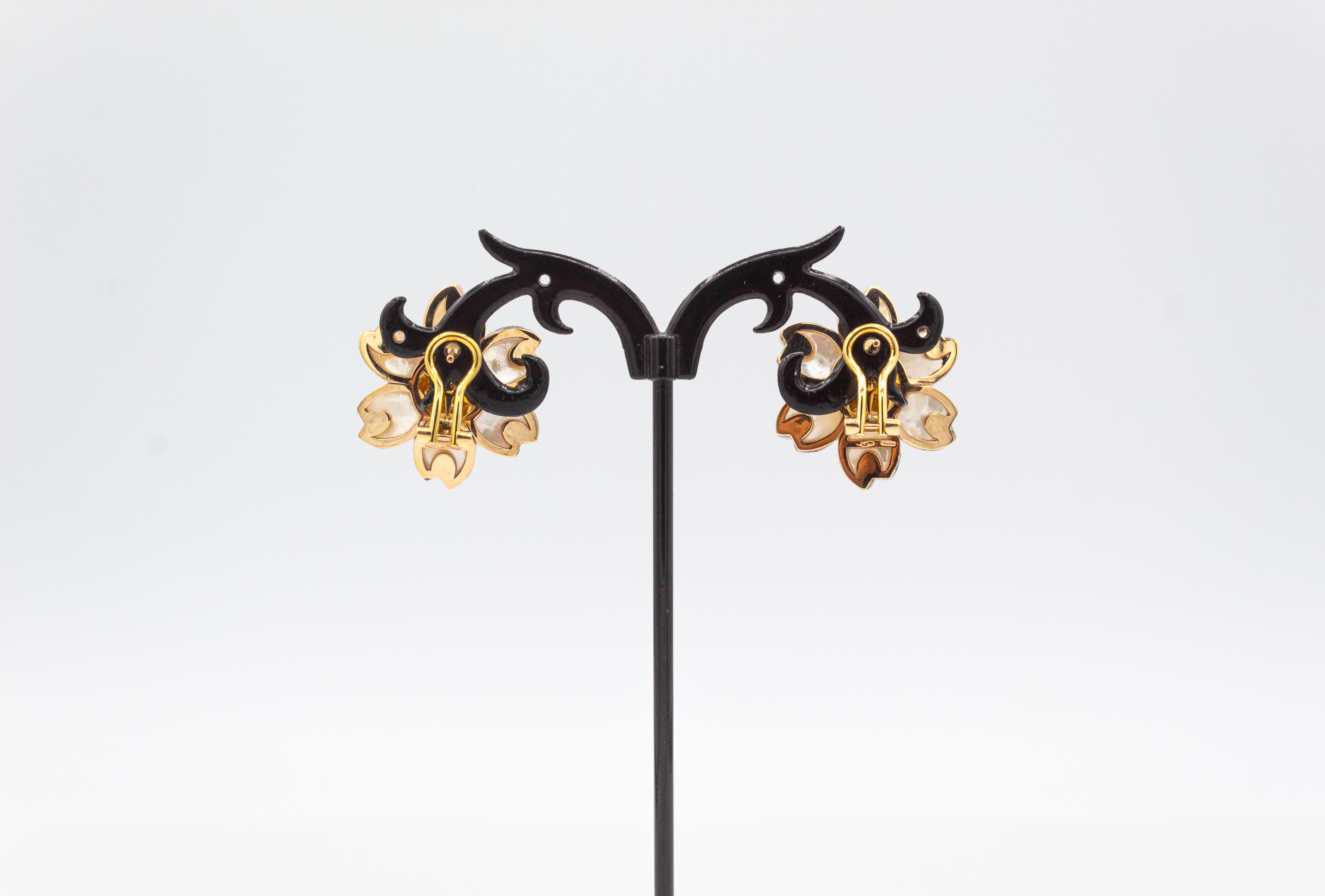 Art Nouveau White Diamond Mother Of Pearl Yellow Gold Flowers Clip-On Earrings 1