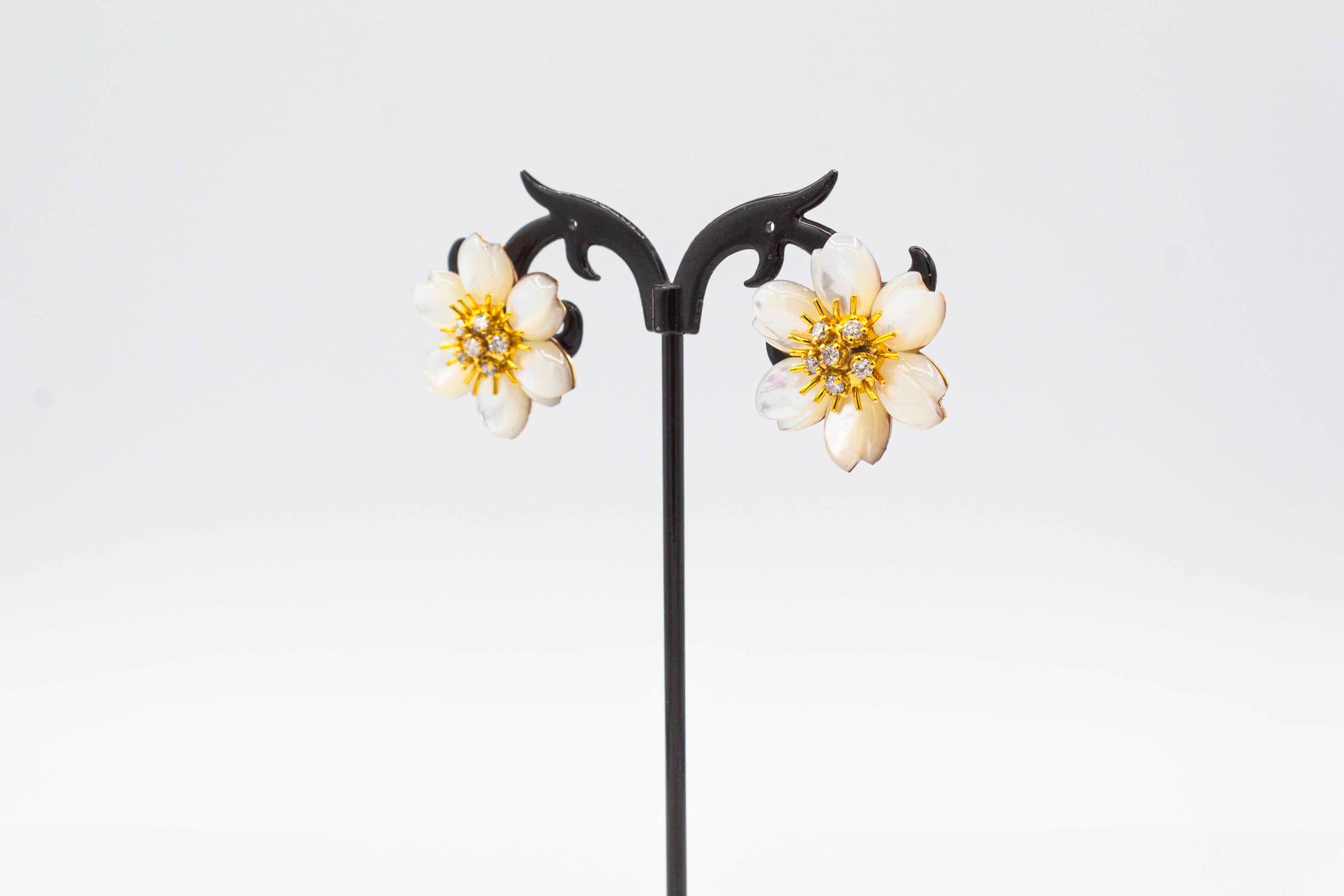 Art Nouveau White Diamond Mother Of Pearl Yellow Gold Flowers Clip-On Earrings 2