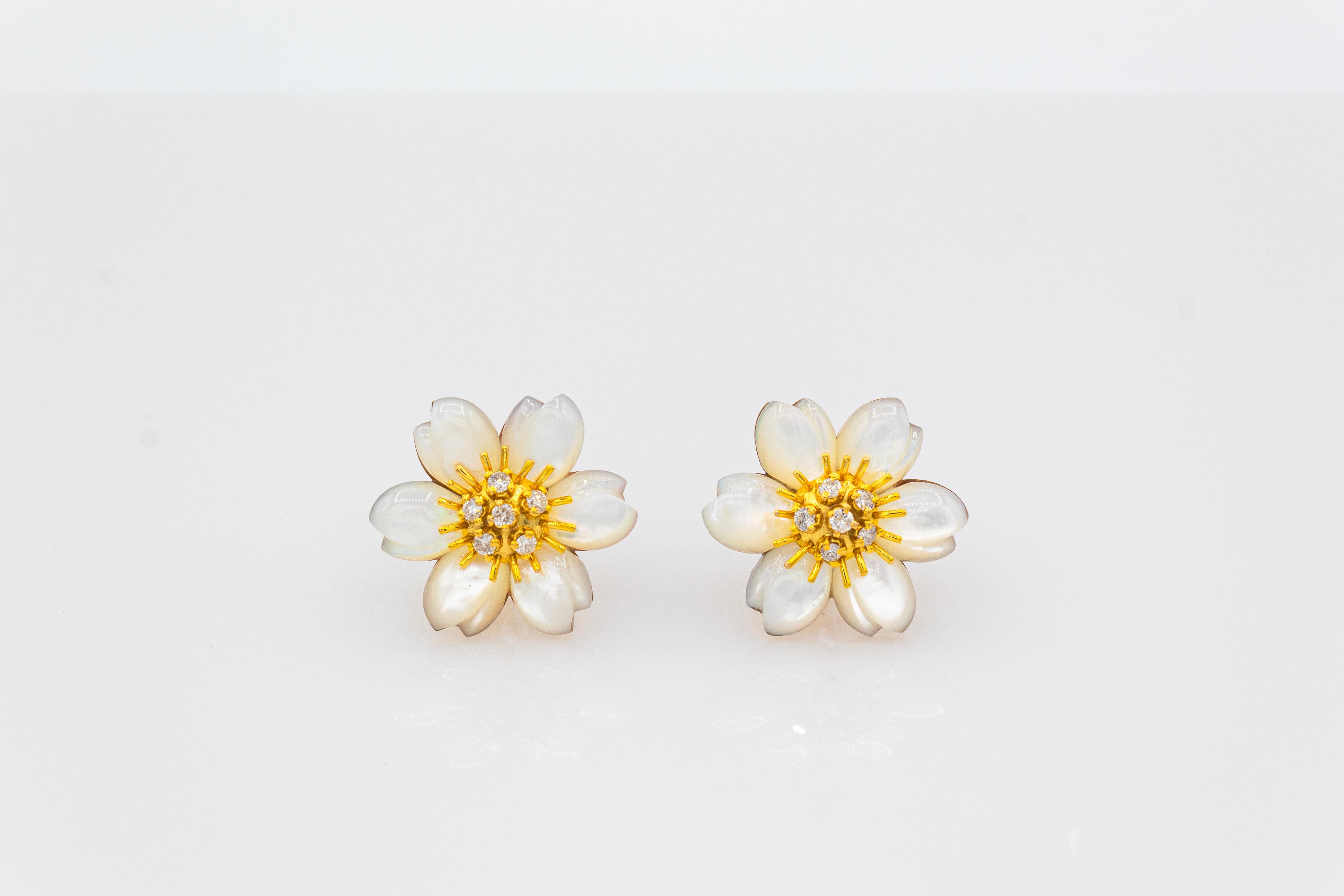 Art Nouveau White Diamond Mother Of Pearl Yellow Gold Flowers Clip-On Earrings 3