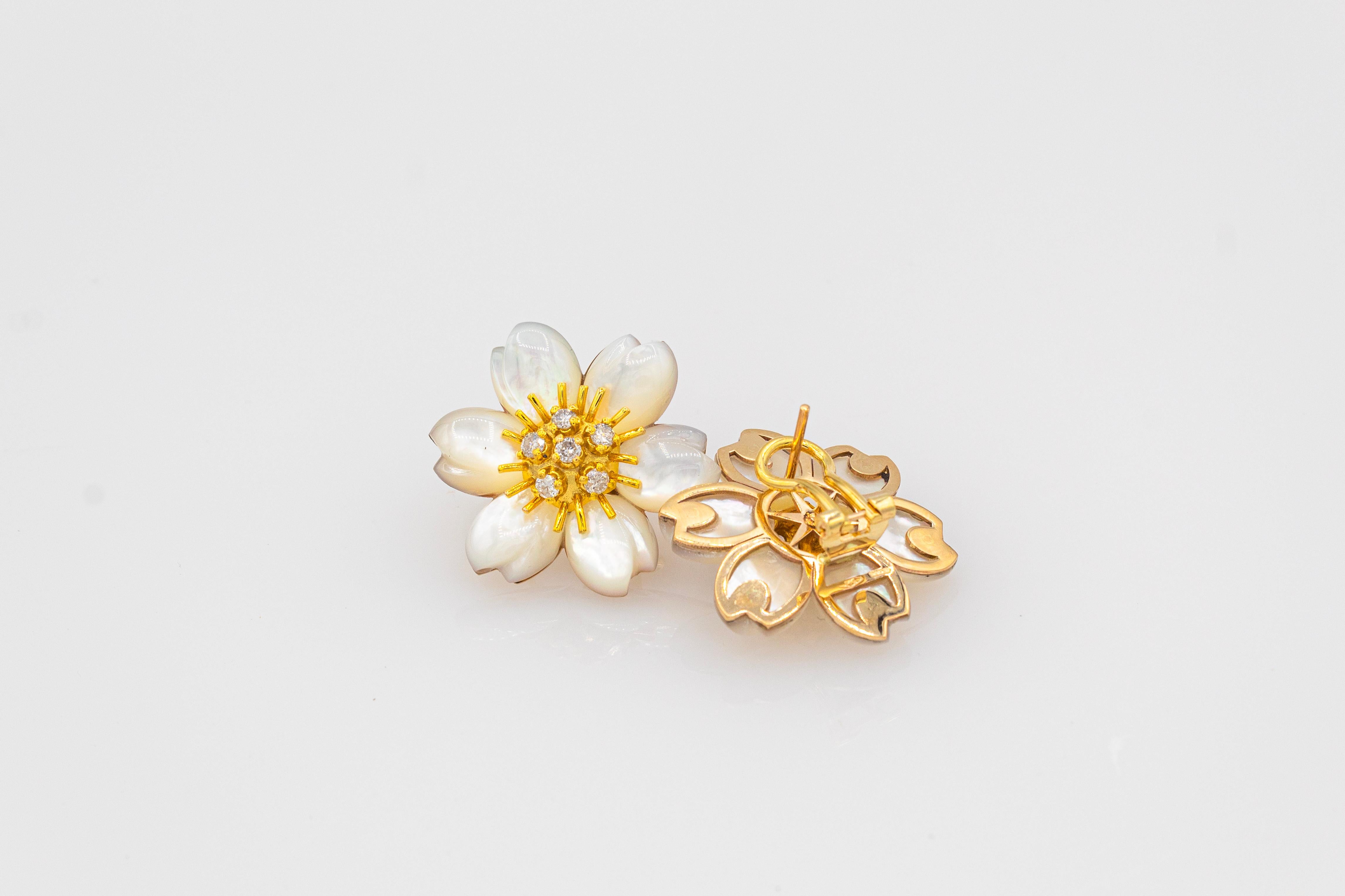 Art Nouveau White Diamond Mother Of Pearl Yellow Gold Flowers Clip-On Earrings 4