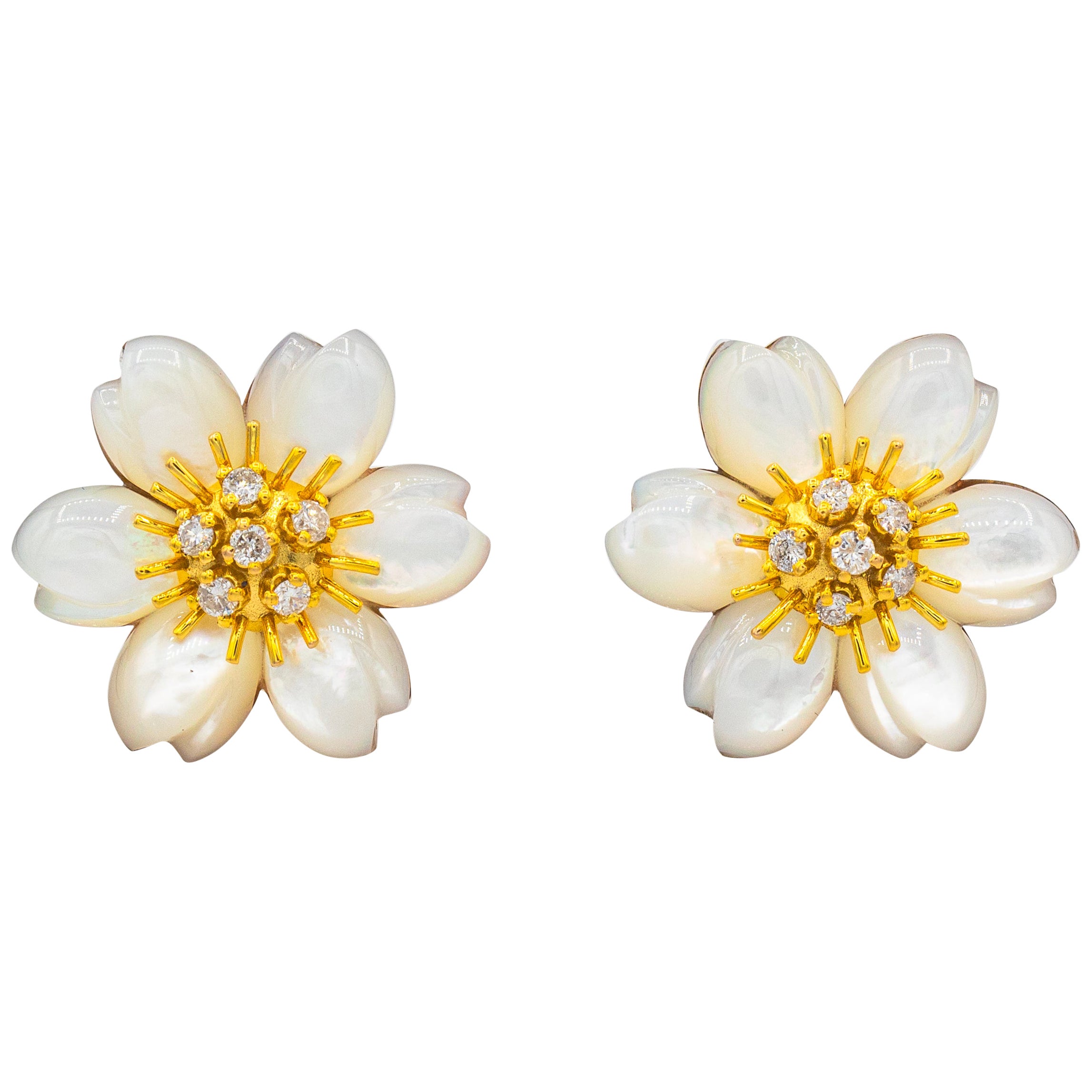 Art Nouveau White Diamond Mother Of Pearl Yellow Gold Flowers Clip-On Earrings