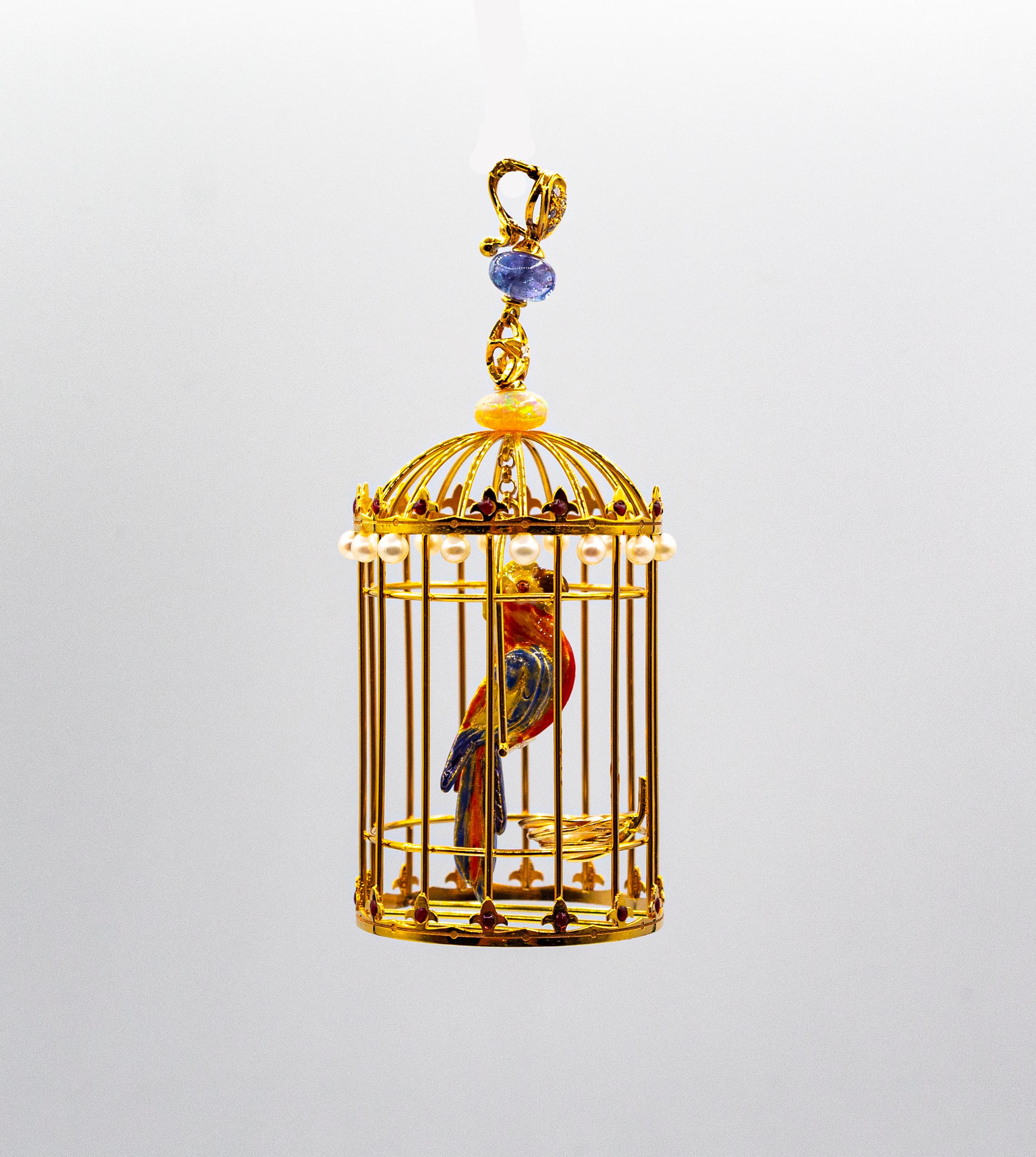 Pendentif Art nouveau Birdcage en or jaune, diamant blanc, opale, tanzanite et perle en vente 5