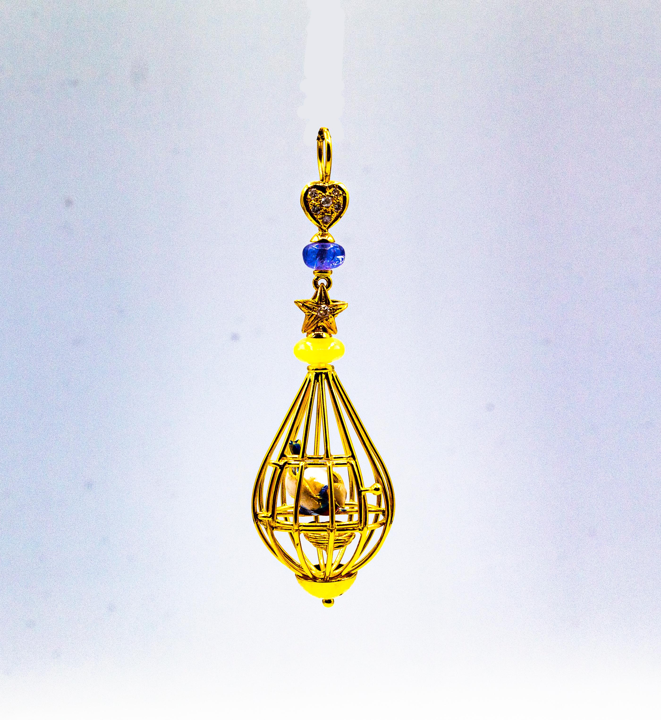 Jugendstil-Anhänger „Birdcage“ aus Gelbgold mit weißem Diamanten, Opal und Tansanit (Art nouveau) im Angebot