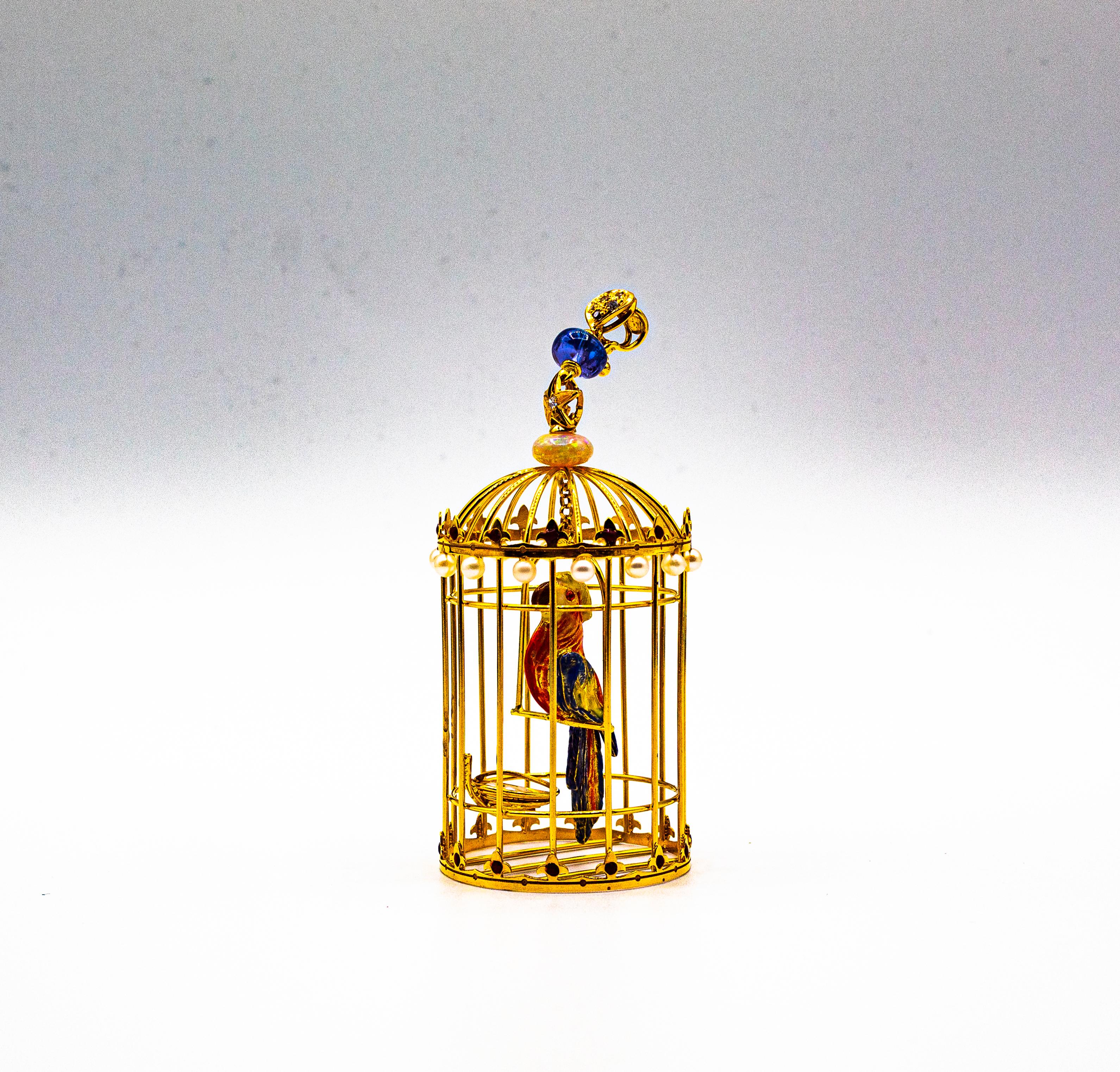 Taille brillant Pendentif Art nouveau Birdcage en or jaune, diamant blanc, opale, tanzanite et perle en vente