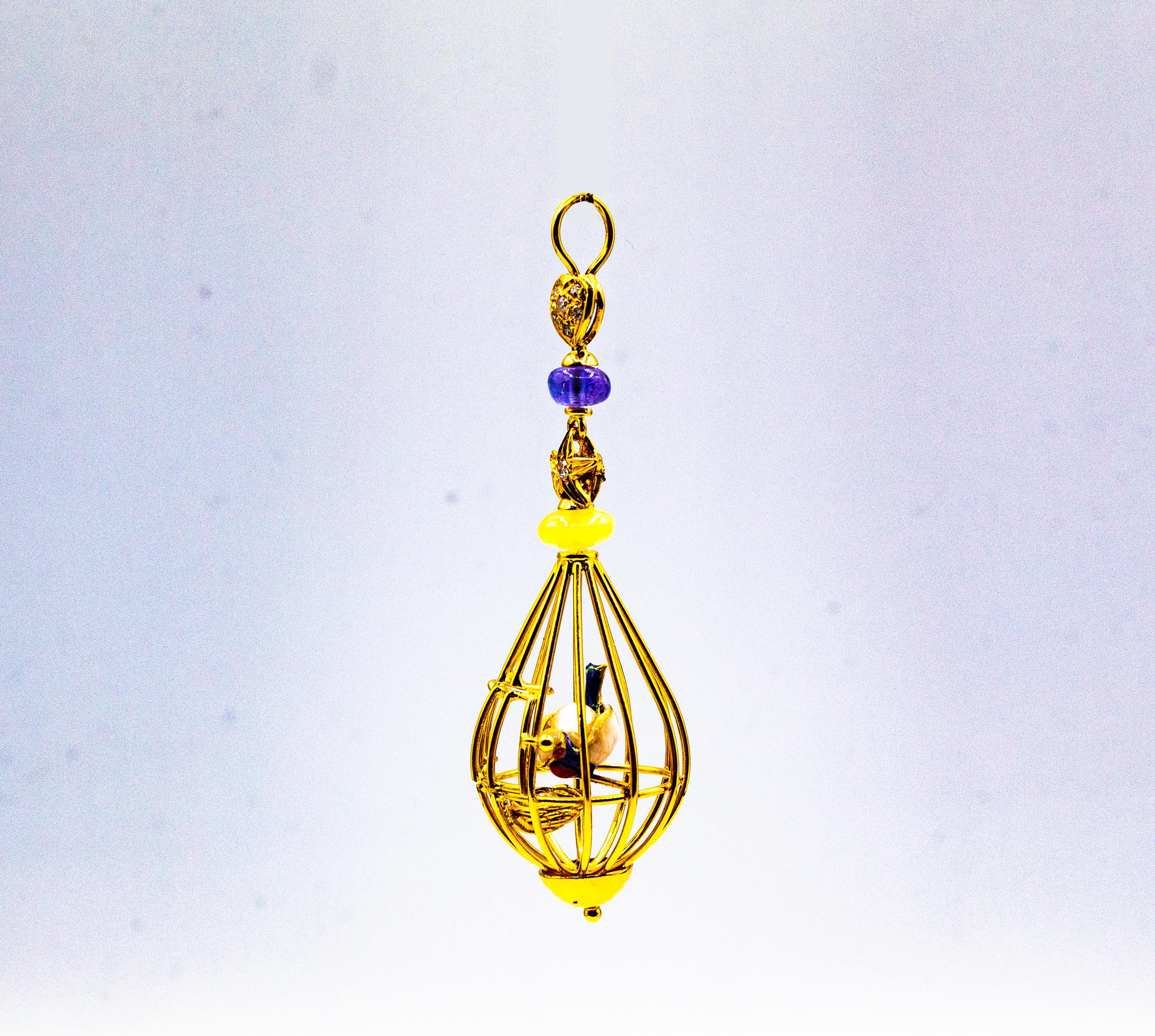 Taille brillant Pendentif « Birdcage » Art Nouveau en or jaune avec opale, tanzanite et perle blanche en vente