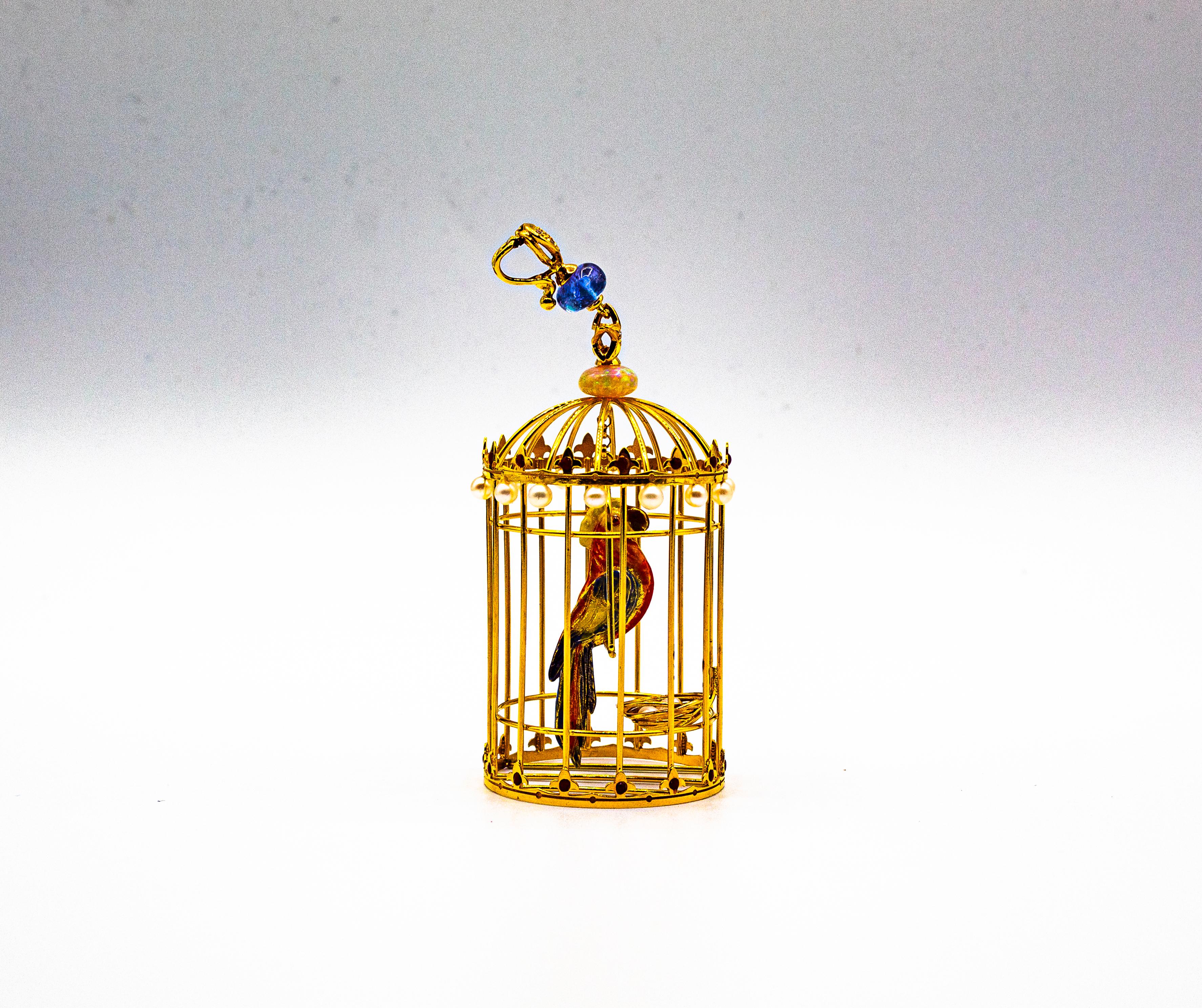 Pendentif Art nouveau Birdcage en or jaune, diamant blanc, opale, tanzanite et perle Neuf - En vente à Naples, IT