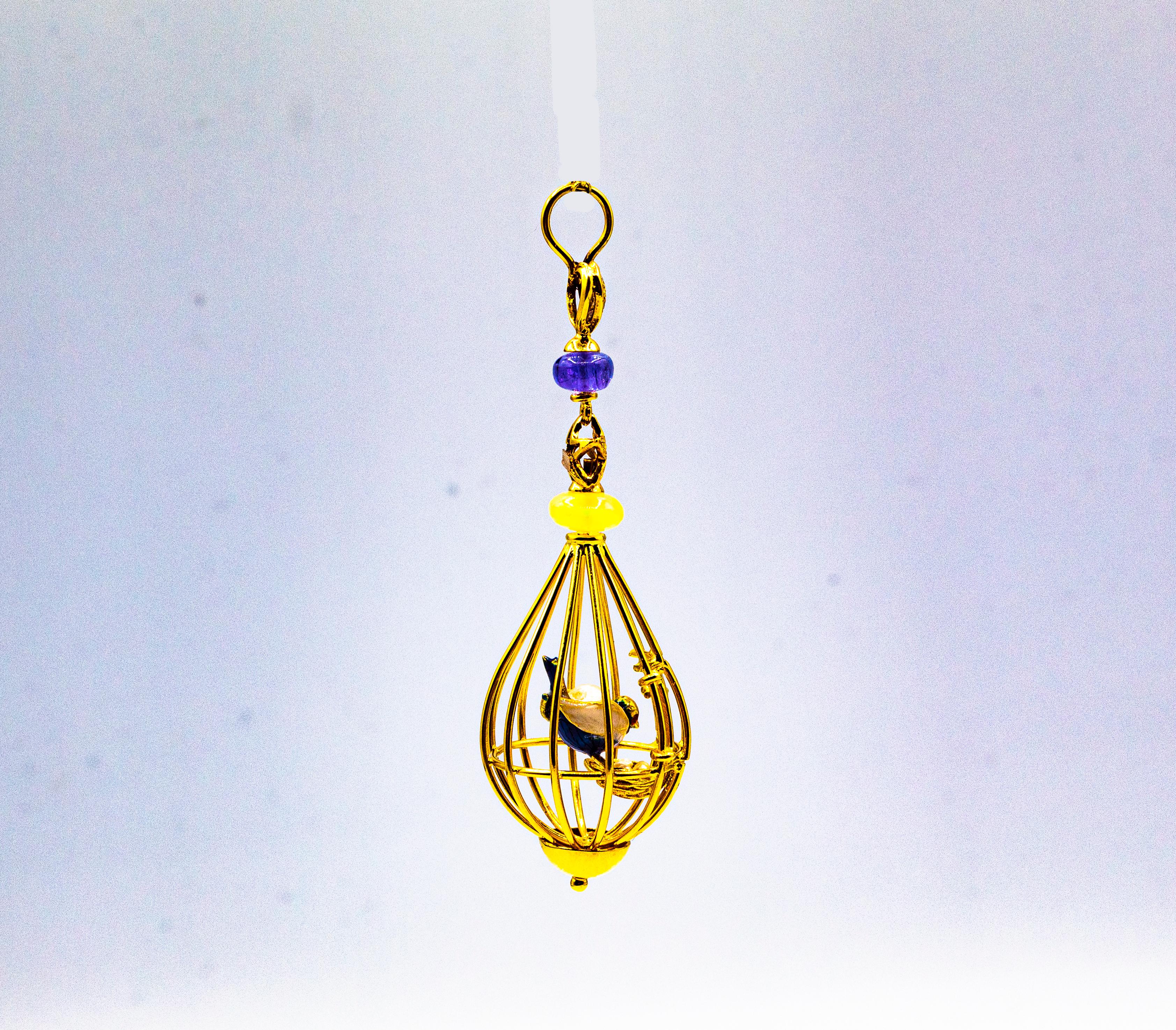 Pendentif « Birdcage » Art Nouveau en or jaune avec opale, tanzanite et perle blanche Neuf - En vente à Naples, IT