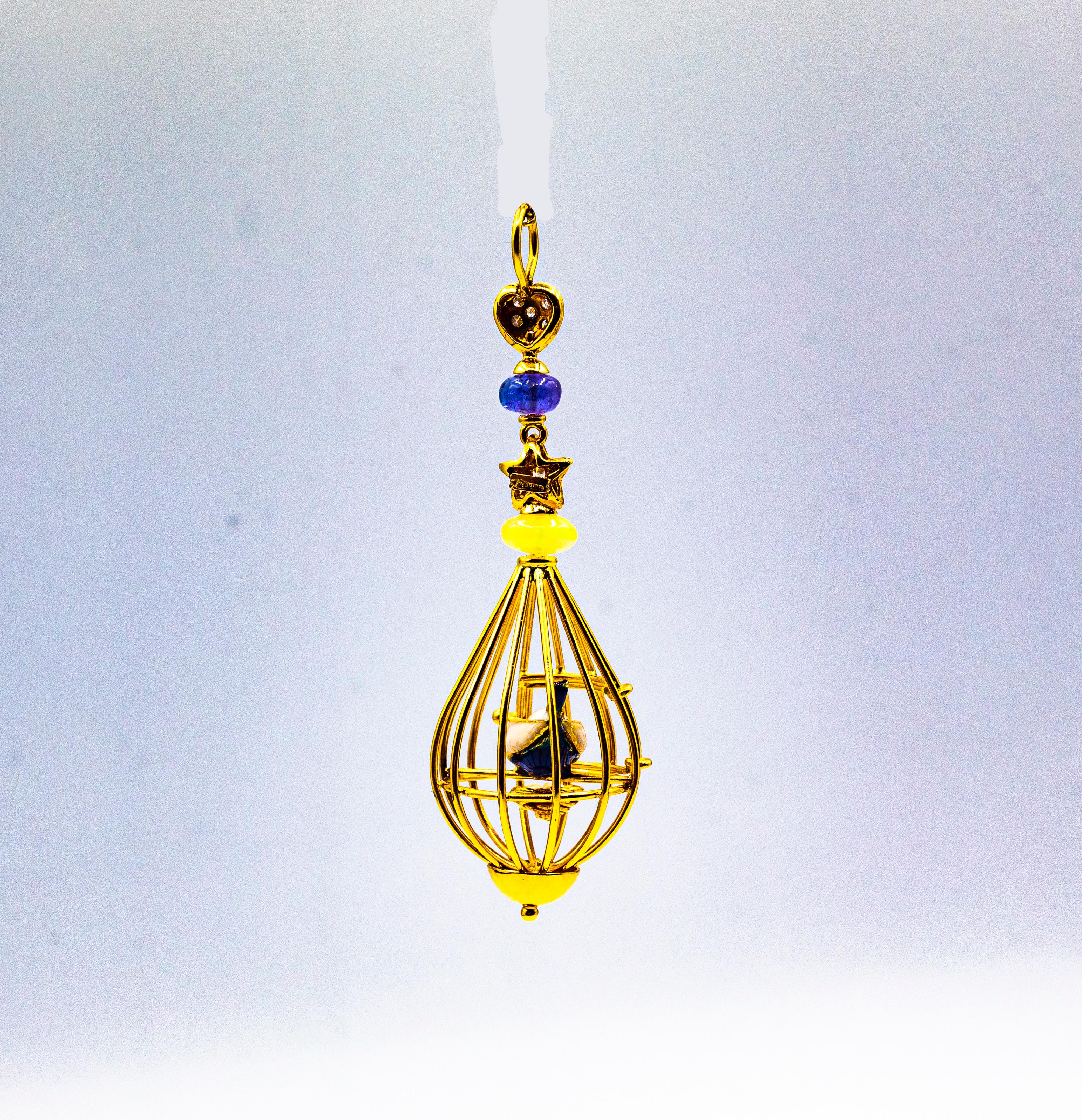 Pendentif « Birdcage » Art Nouveau en or jaune avec opale, tanzanite et perle blanche Unisexe en vente