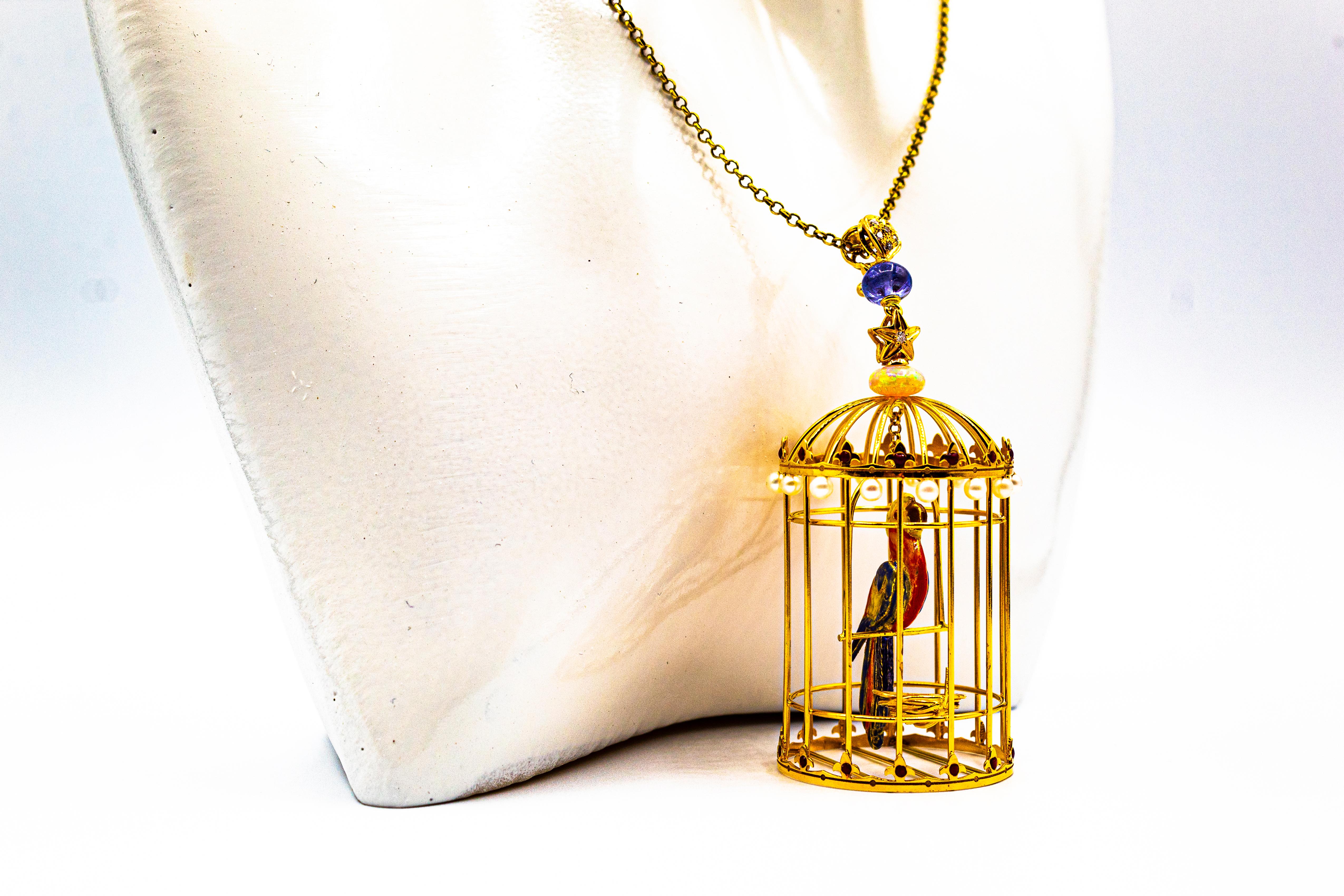 Pendentif Art nouveau Birdcage en or jaune, diamant blanc, opale, tanzanite et perle en vente 1