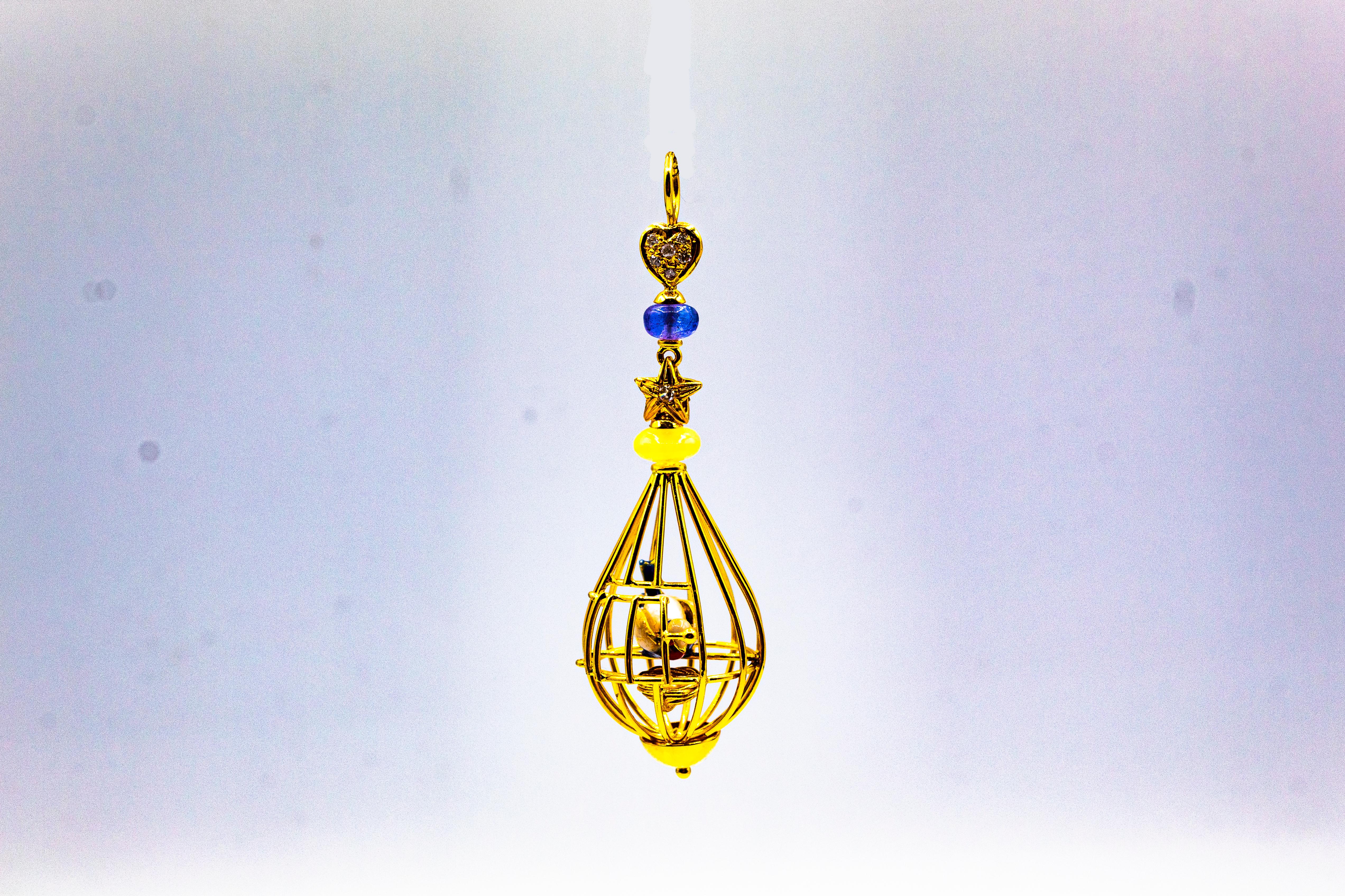 Pendentif « Birdcage » Art Nouveau en or jaune avec opale, tanzanite et perle blanche en vente 1
