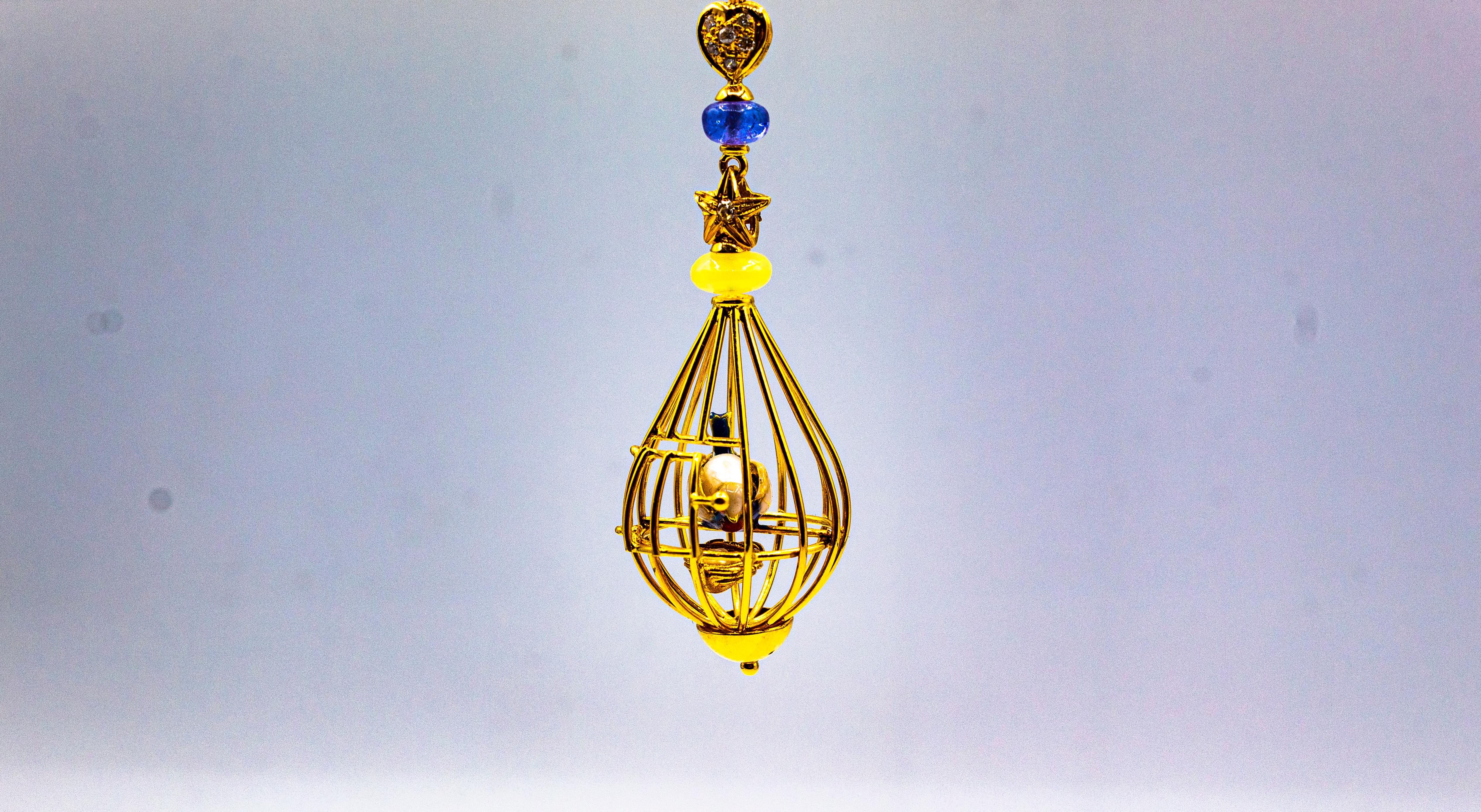 Pendentif « Birdcage » Art Nouveau en or jaune avec opale, tanzanite et perle blanche en vente 2