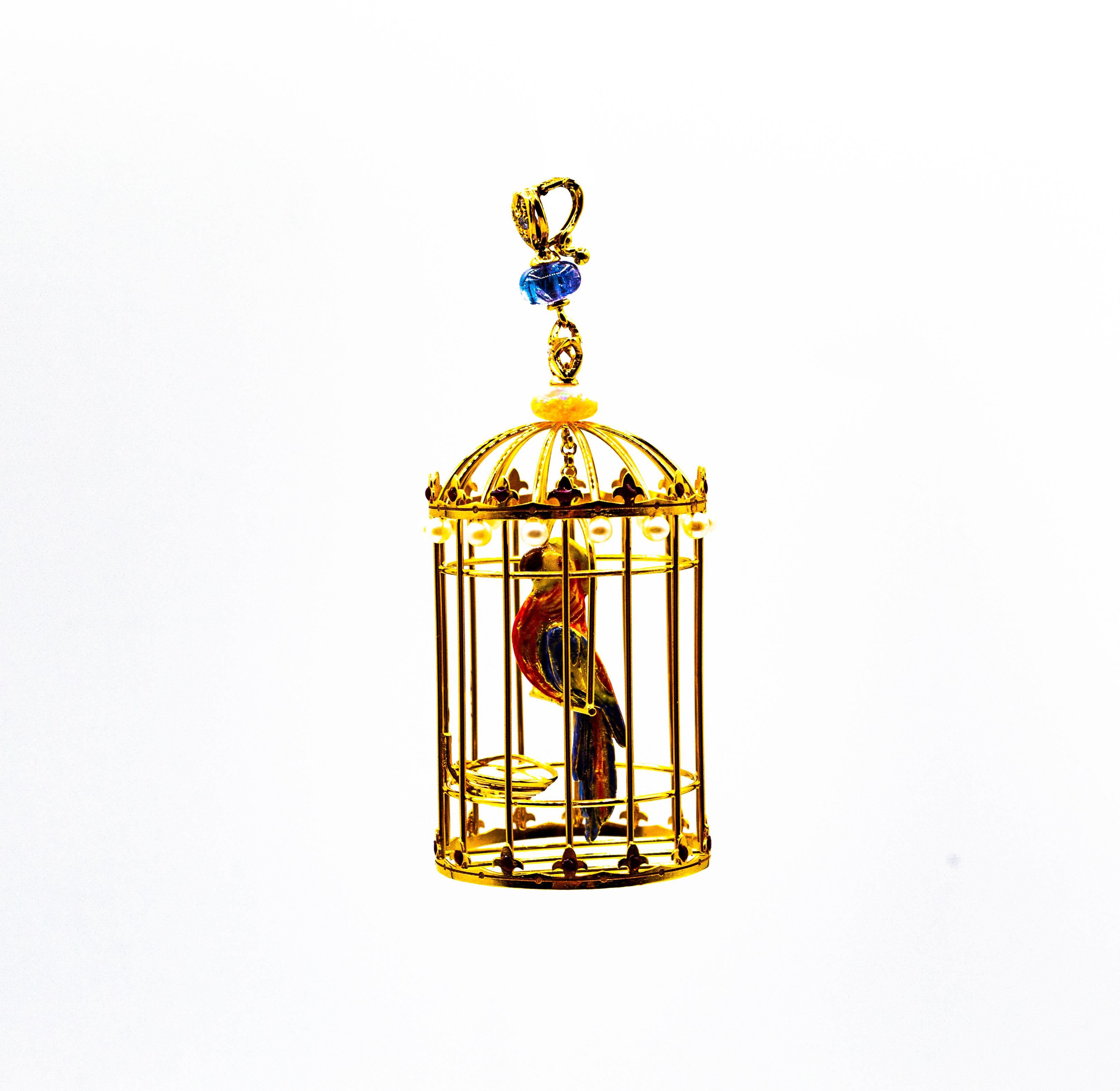 Pendentif Art nouveau Birdcage en or jaune, diamant blanc, opale, tanzanite et perle en vente 3