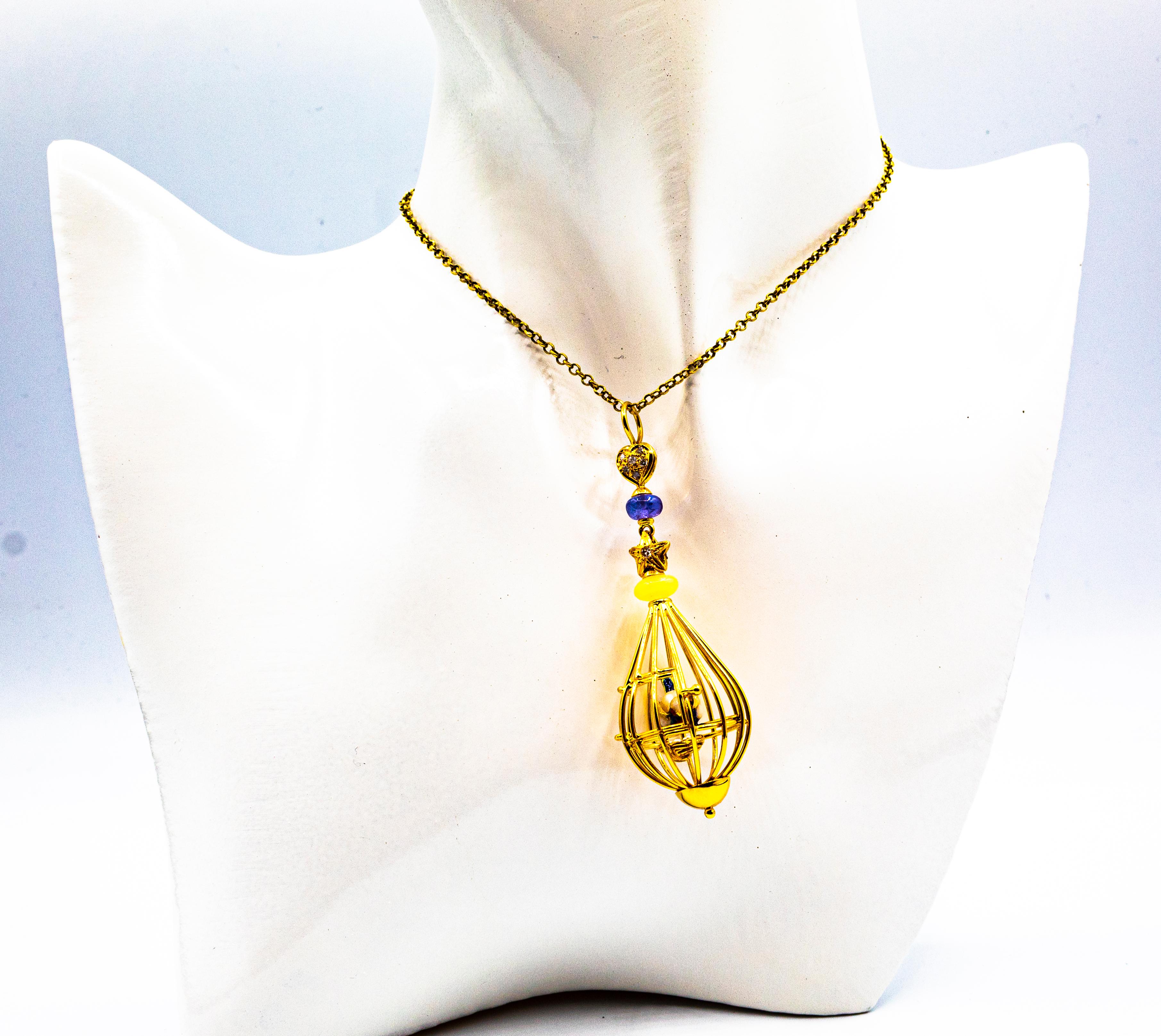 Pendentif « Birdcage » Art Nouveau en or jaune avec opale, tanzanite et perle blanche en vente 3