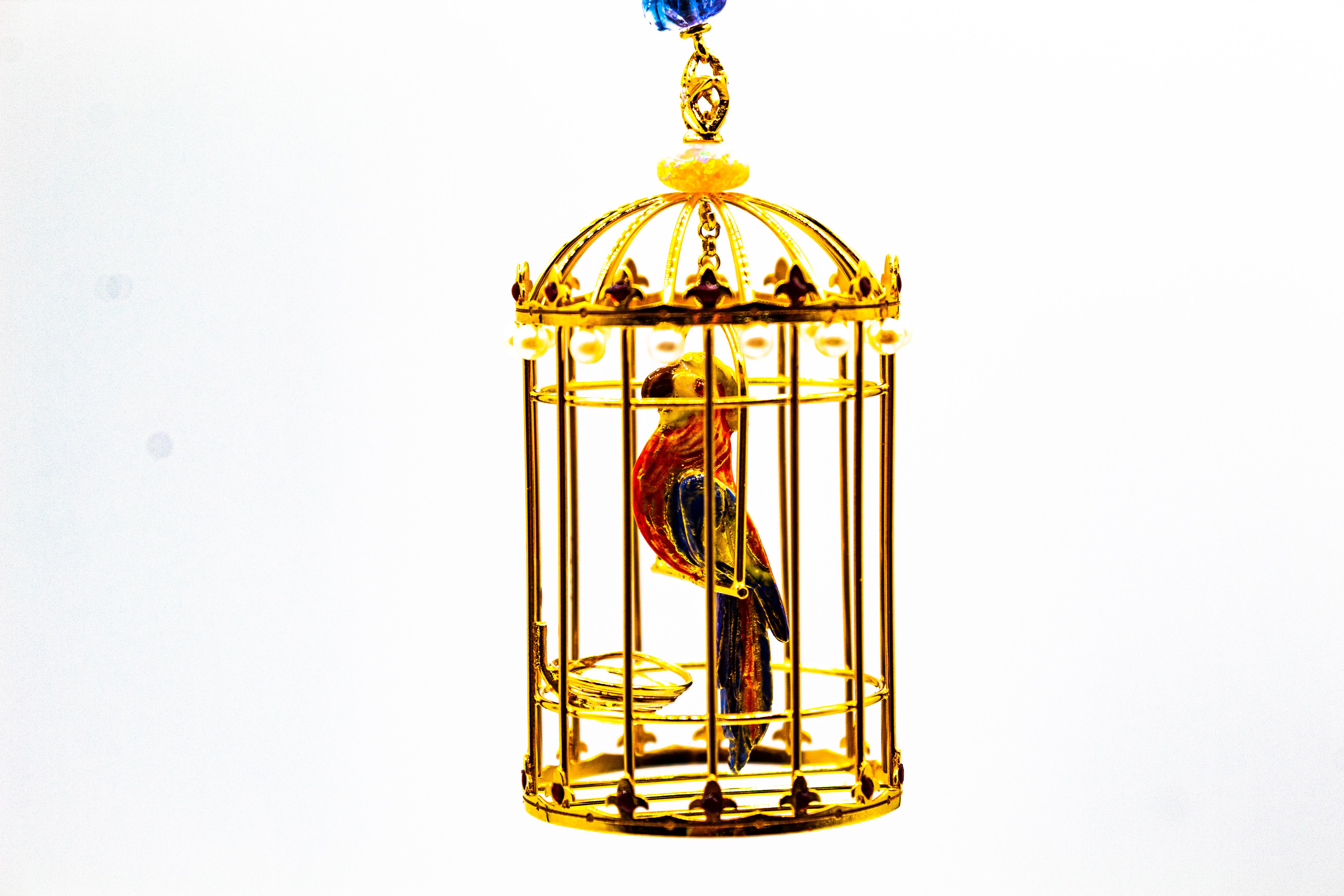 Pendentif Art nouveau Birdcage en or jaune, diamant blanc, opale, tanzanite et perle en vente 4