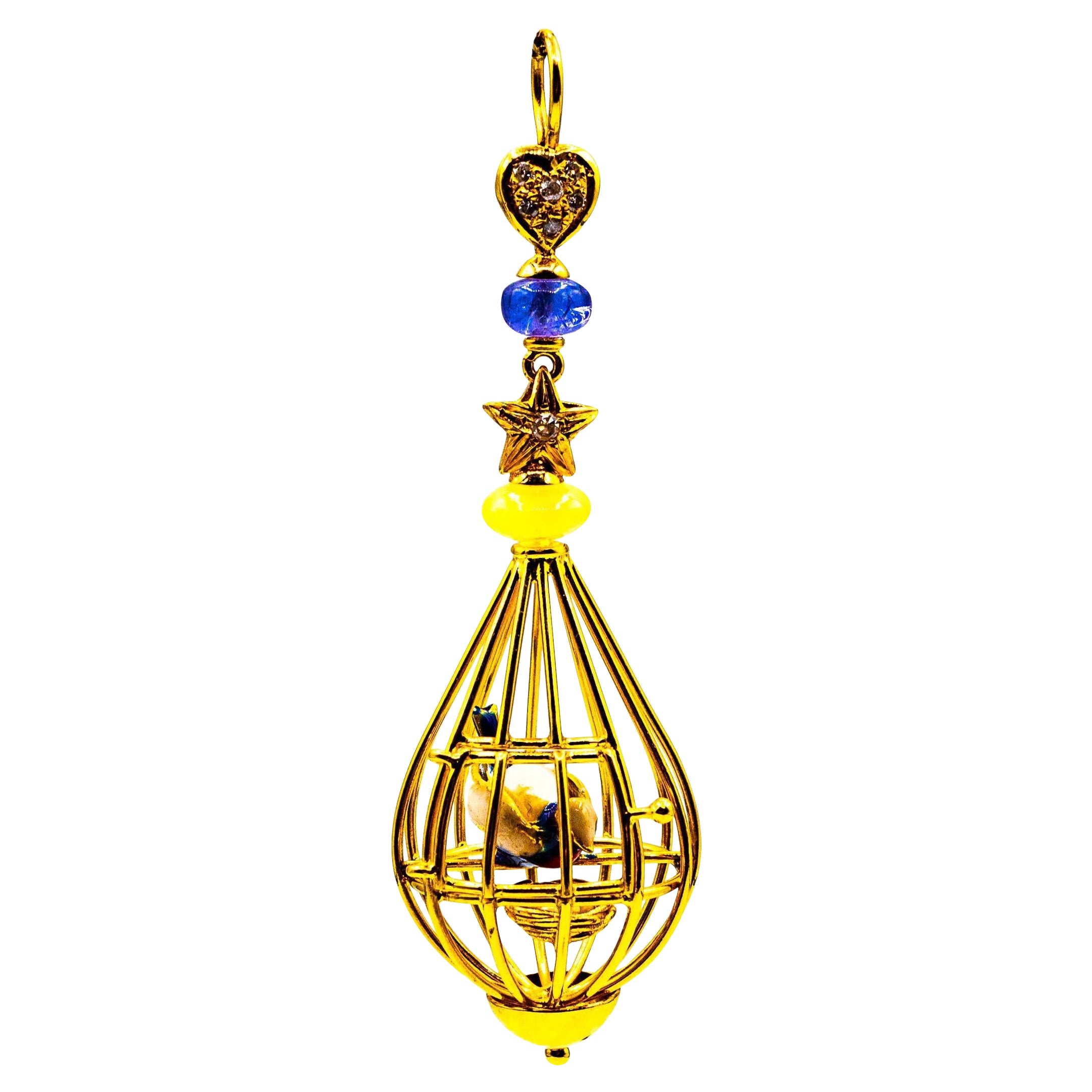 Jugendstil-Anhänger „Birdcage“ aus Gelbgold mit weißem Diamant, Opal, Tansanit, Perle und Gelbgold im Angebot