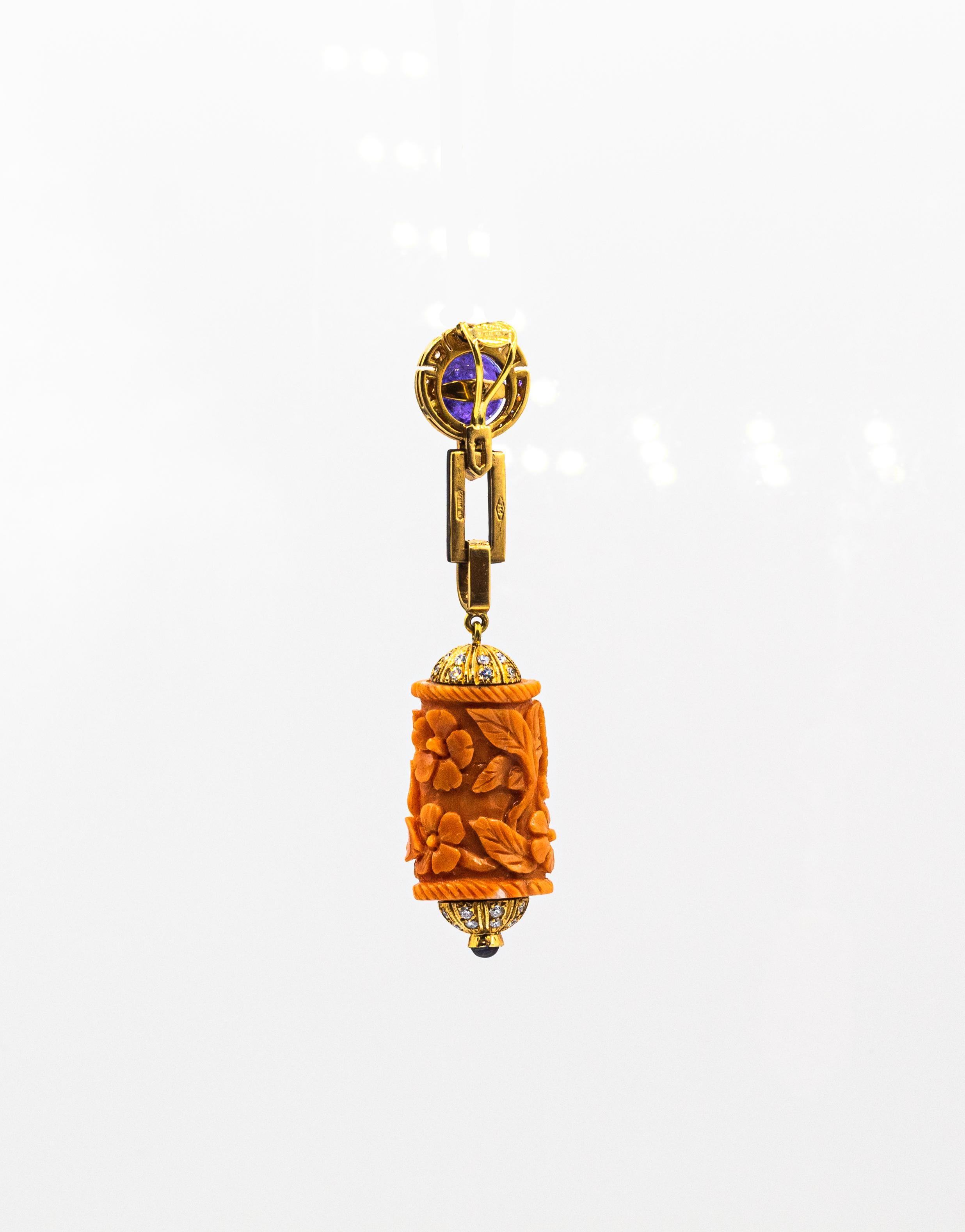 Brilliant Cut Art Nouveau White Diamond Peach Carved Coral Tanzanite Onyx Yellow Gold Pendant