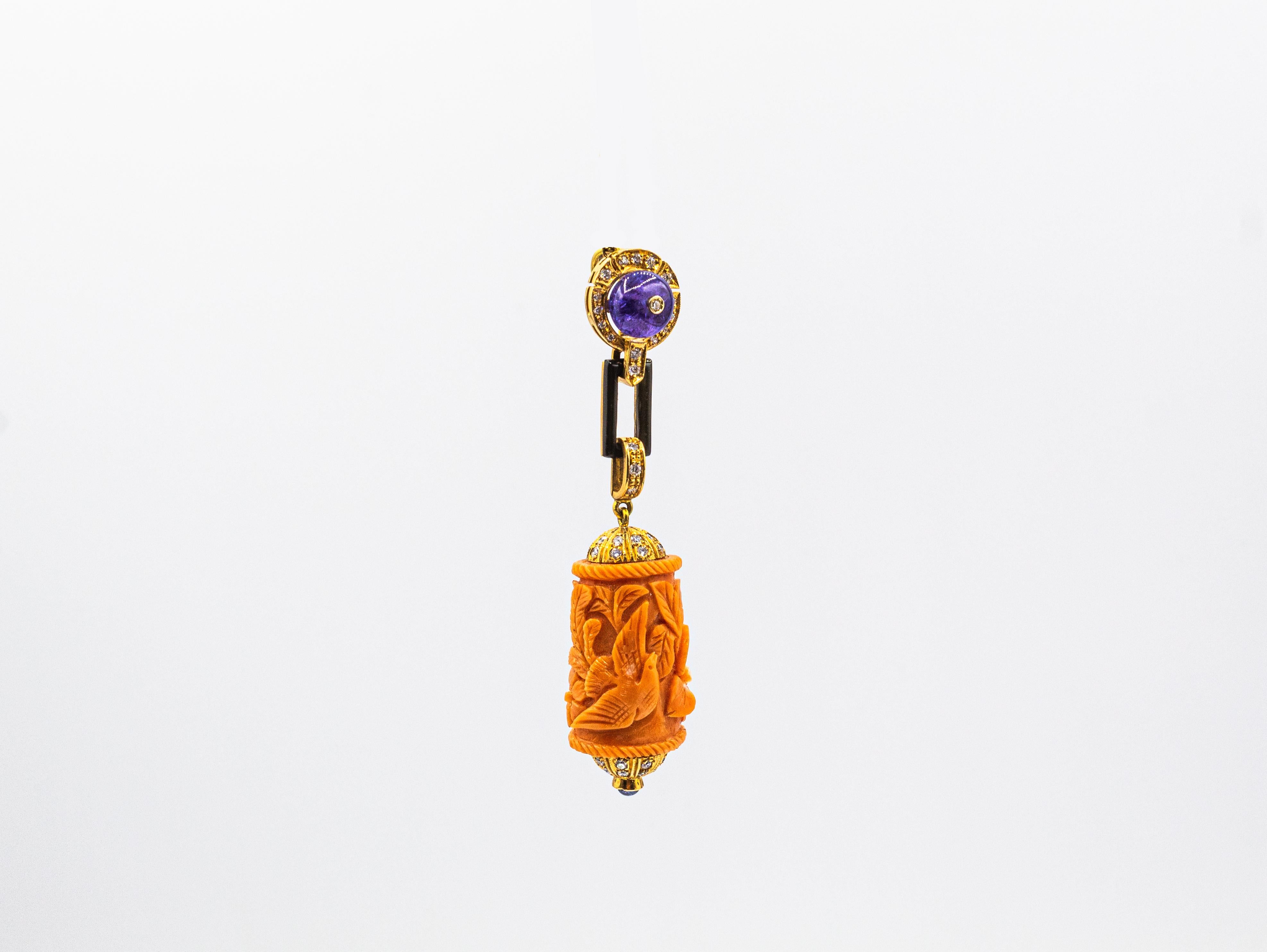 Art Nouveau White Diamond Peach Carved Coral Tanzanite Onyx Yellow Gold Pendant In New Condition In Naples, IT