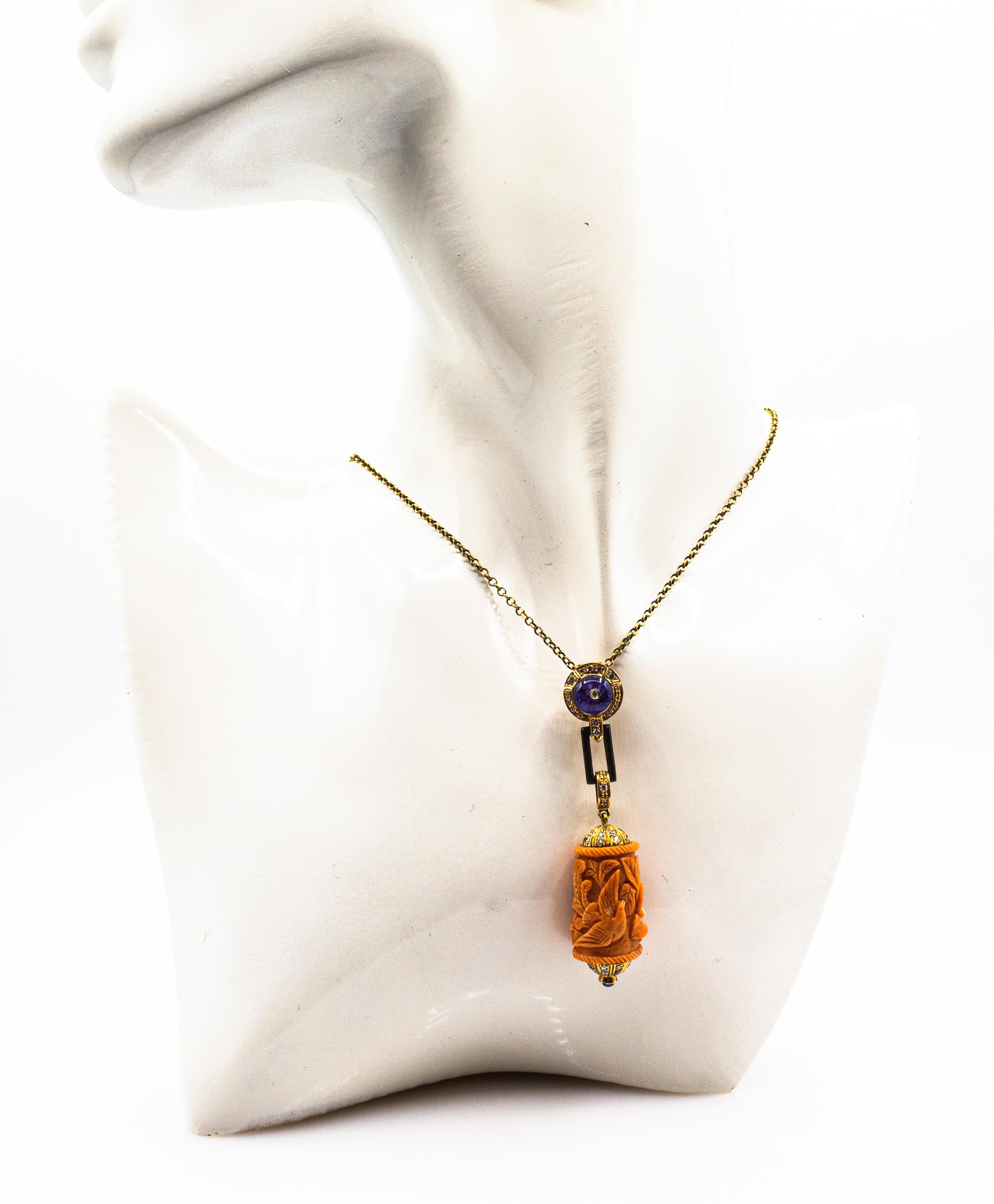 Women's or Men's Art Nouveau White Diamond Peach Carved Coral Tanzanite Onyx Yellow Gold Pendant