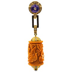 Art Nouveau White Diamond Peach Carved Coral Tanzanite Onyx Yellow Gold Pendant