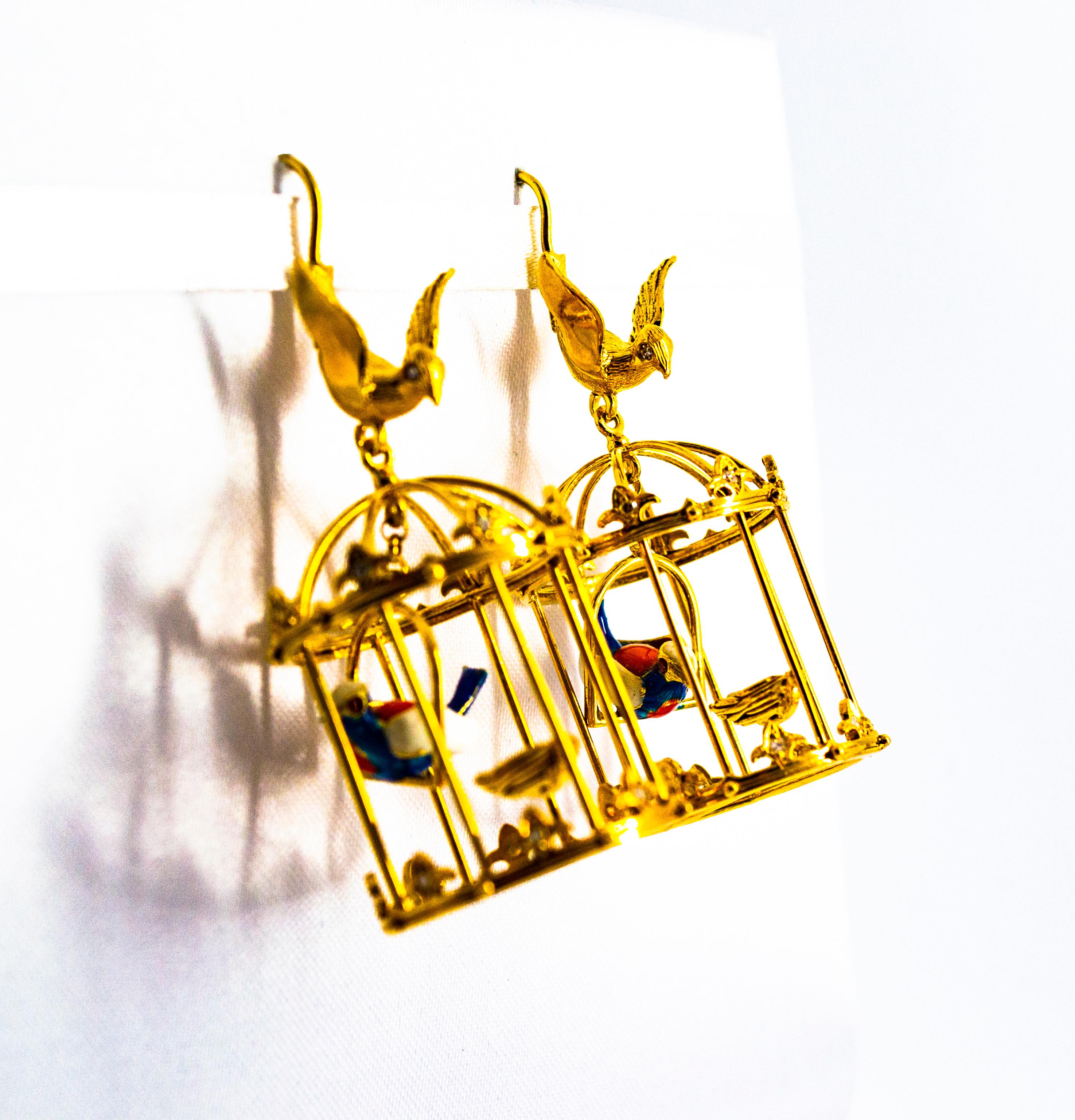 Art Nouveau White Diamond Pearl Coral Enamel Yellow Gold Birdcage Drop Earrings For Sale 3
