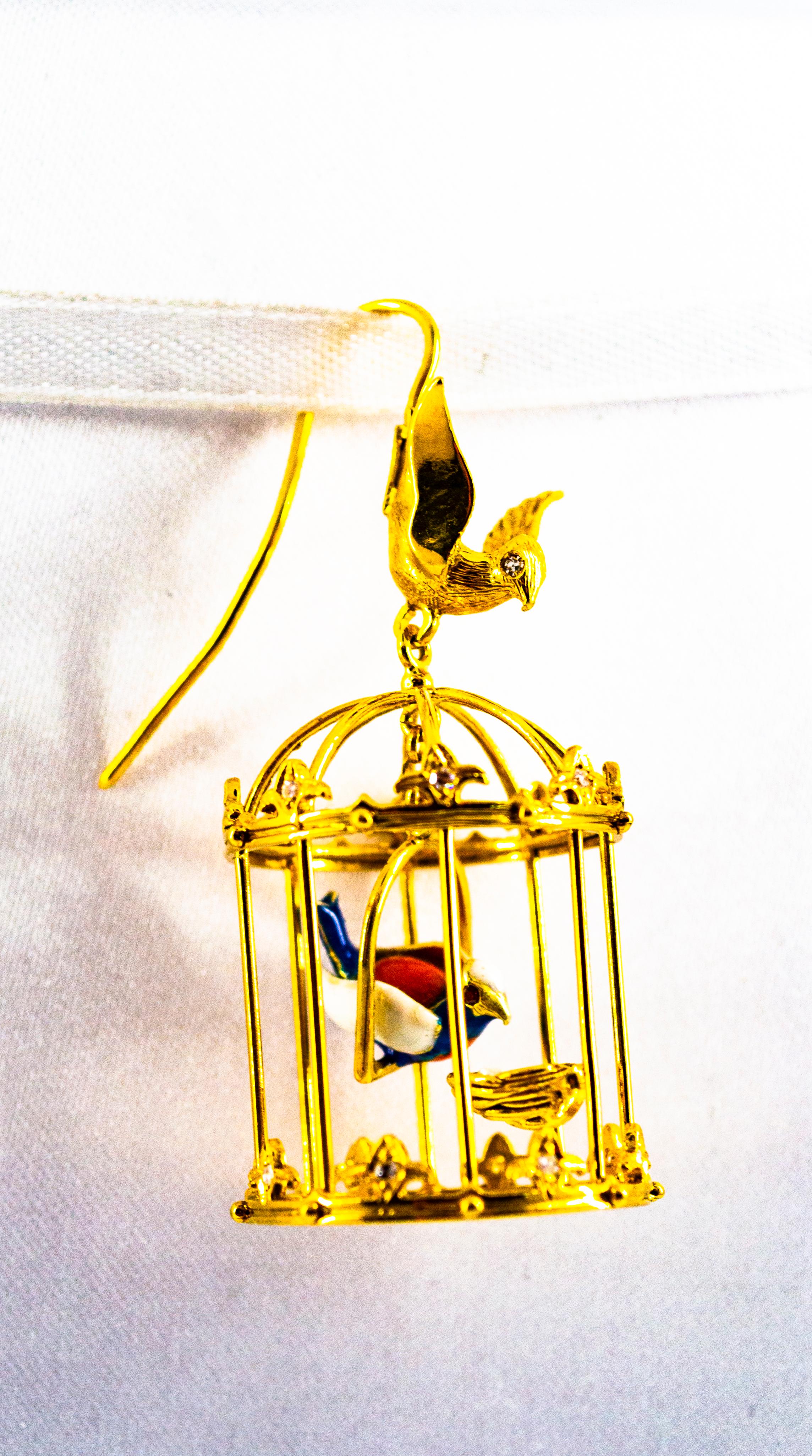Art Nouveau White Diamond Pearl Coral Enamel Yellow Gold Birdcage Drop Earrings For Sale 4