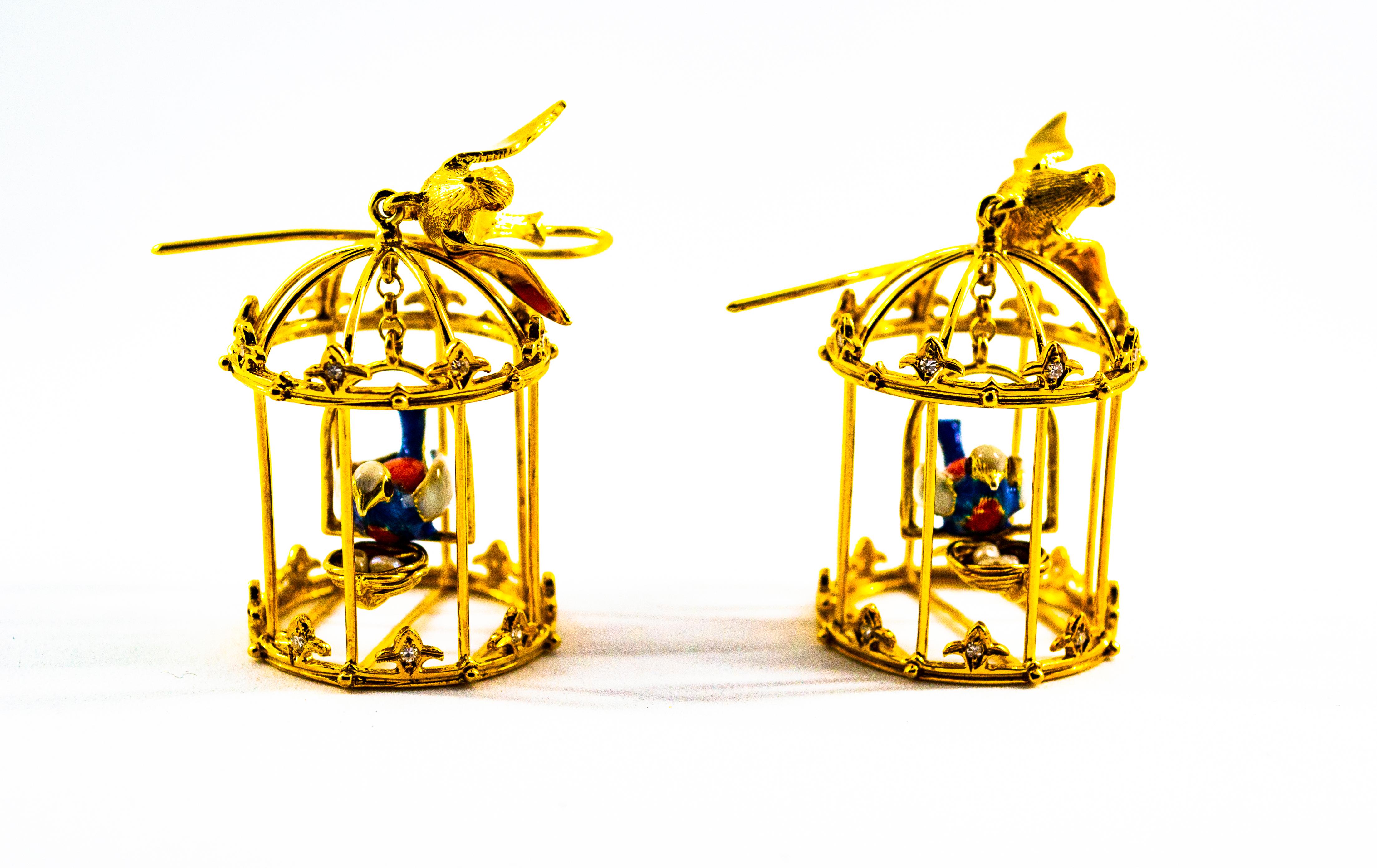 Art Nouveau White Diamond Pearl Coral Enamel Yellow Gold Birdcage Drop Earrings For Sale 7