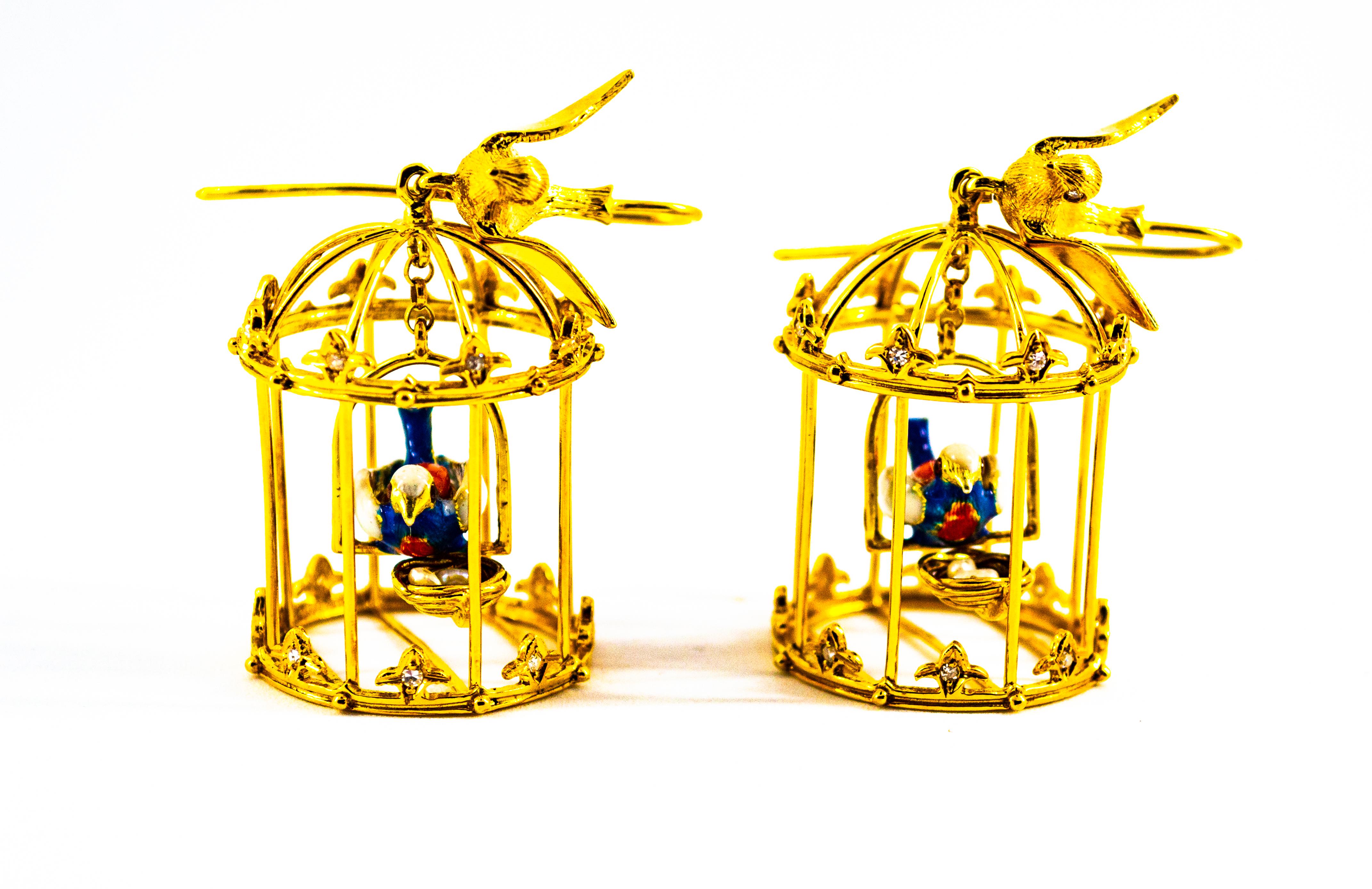 Art Nouveau White Diamond Pearl Coral Enamel Yellow Gold Birdcage Drop Earrings For Sale 8