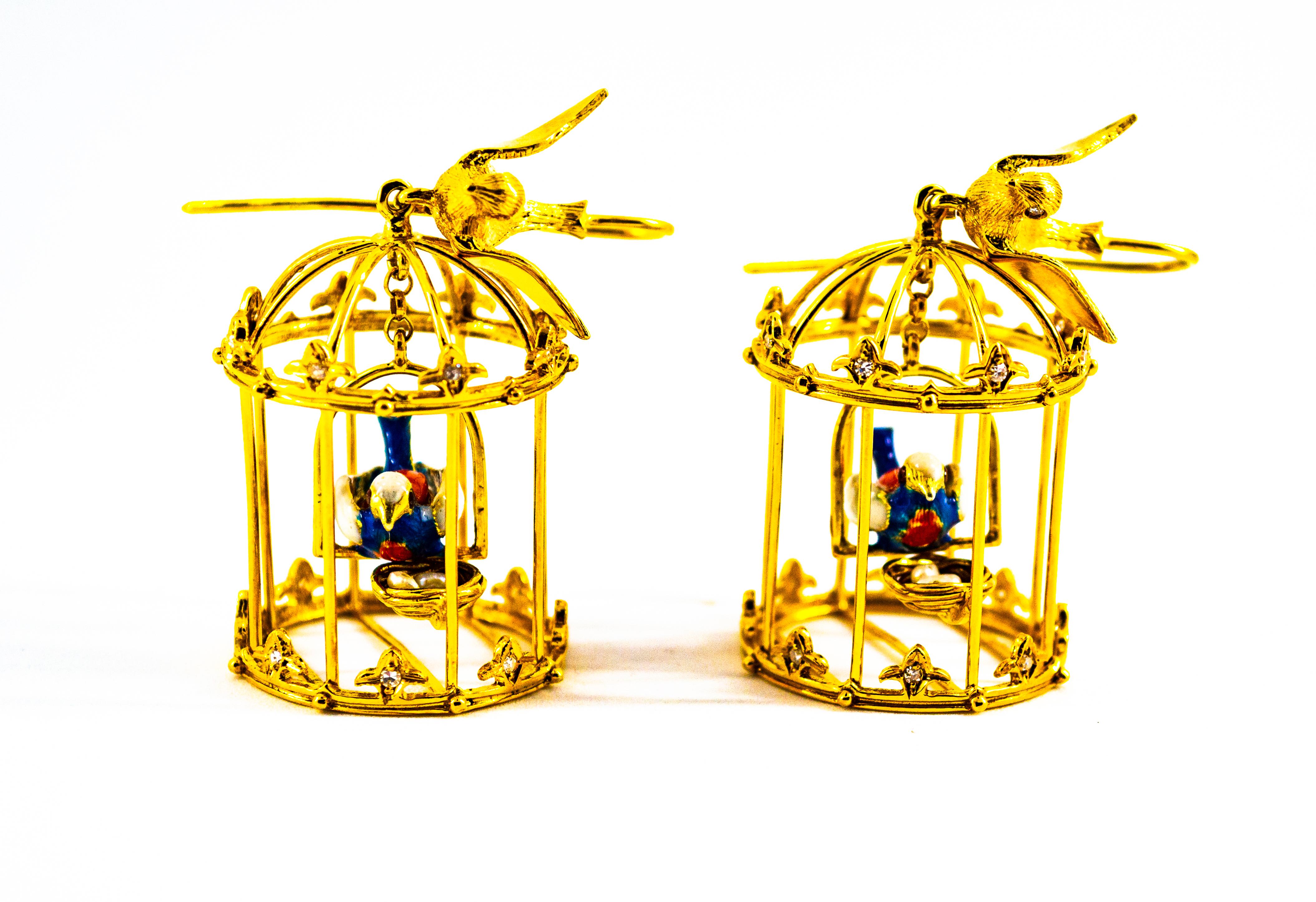 Art Nouveau White Diamond Pearl Coral Enamel Yellow Gold Birdcage Drop Earrings For Sale 9