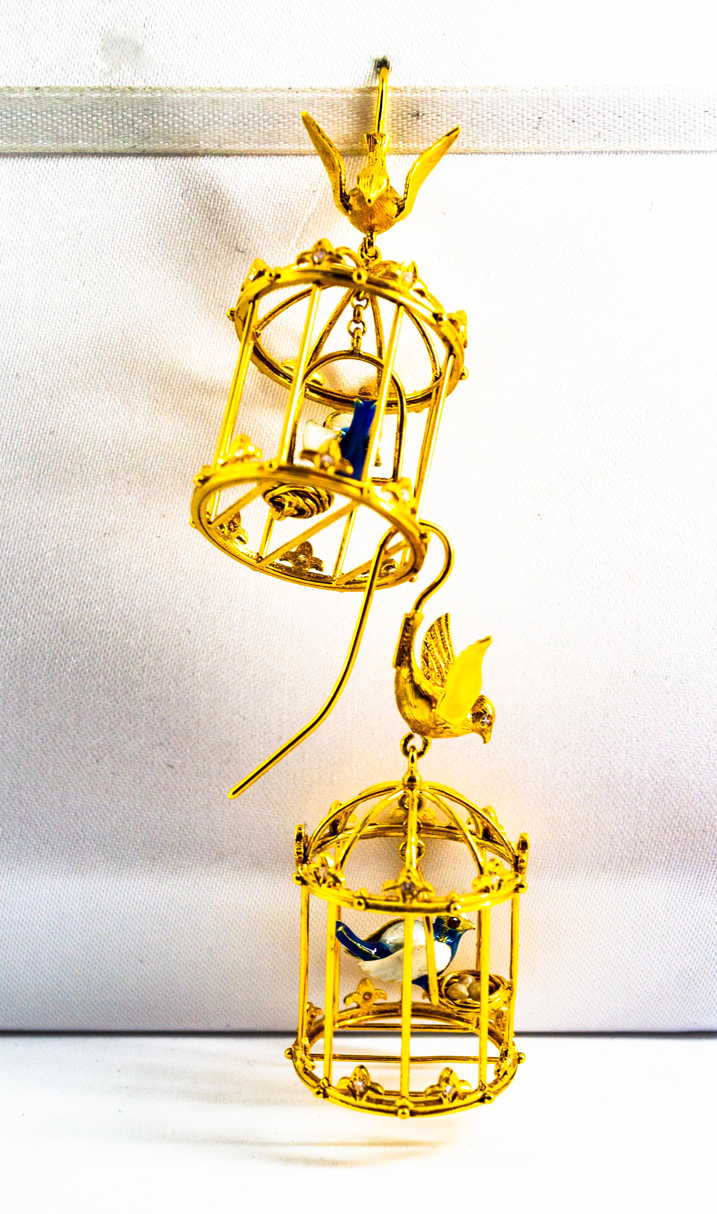 Art Nouveau White Diamond Pearl Coral Enamel Yellow Gold Birdcage Drop Earrings In New Condition For Sale In Naples, IT