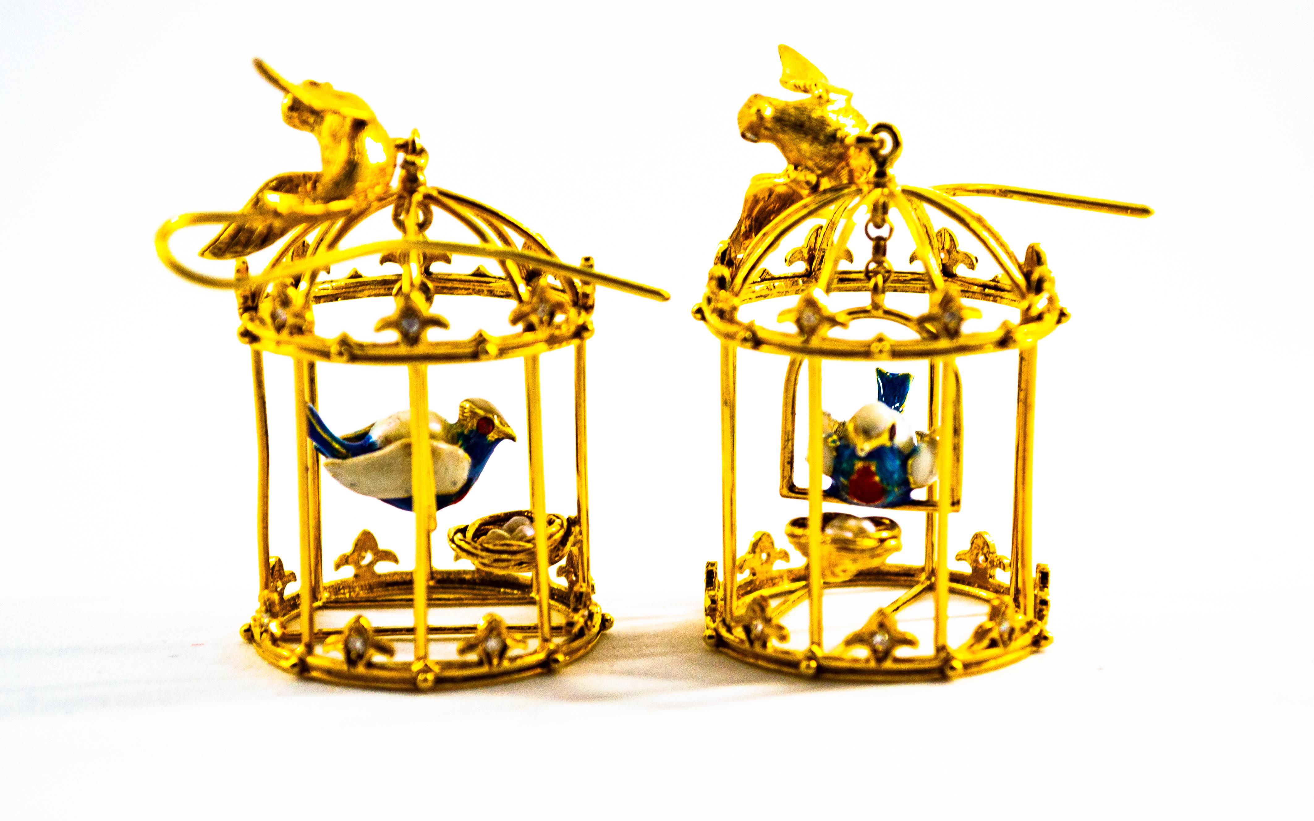 Women's or Men's Art Nouveau White Diamond Pearl Coral Enamel Yellow Gold Birdcage Drop Earrings For Sale