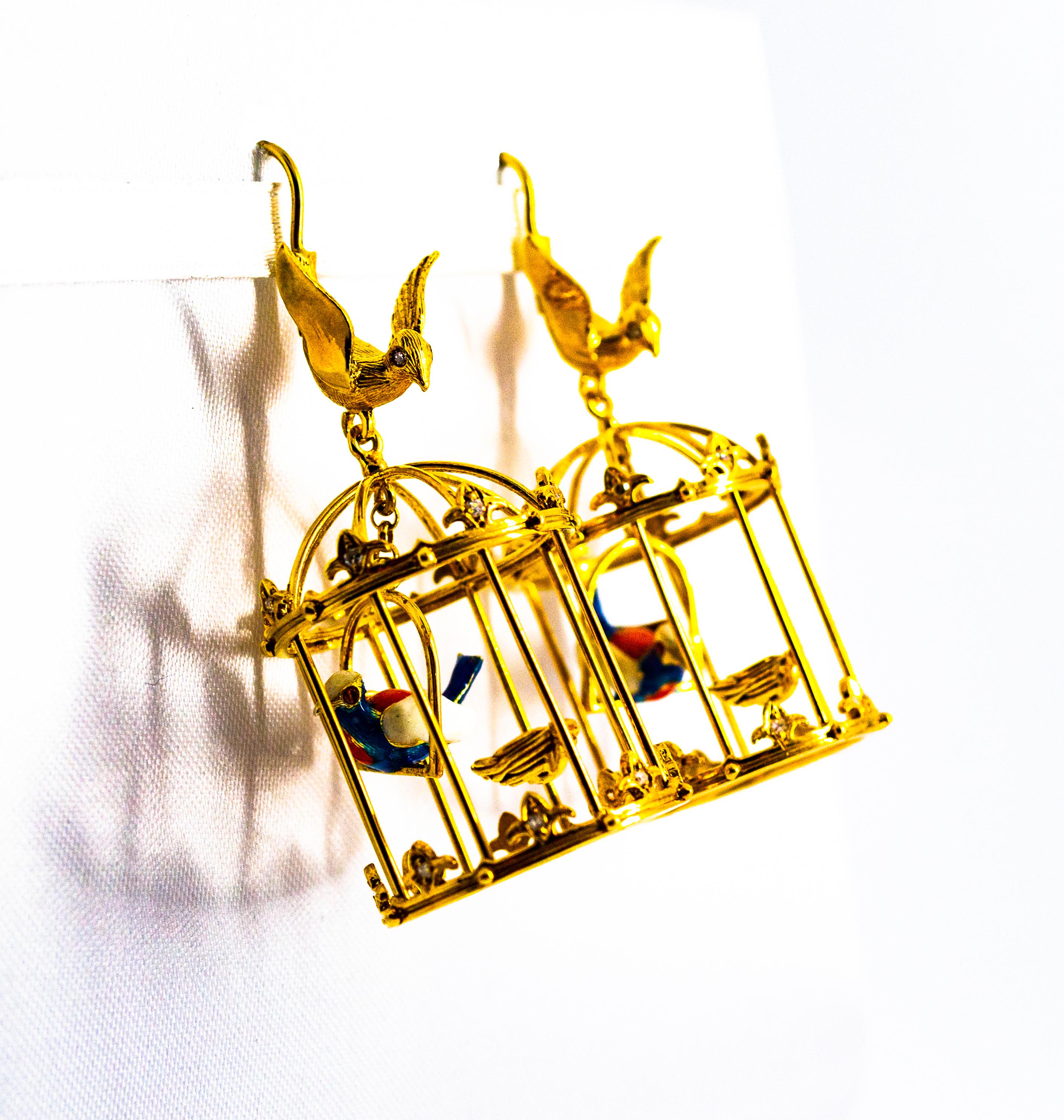 Art Nouveau White Diamond Pearl Coral Enamel Yellow Gold Birdcage Drop Earrings For Sale 2
