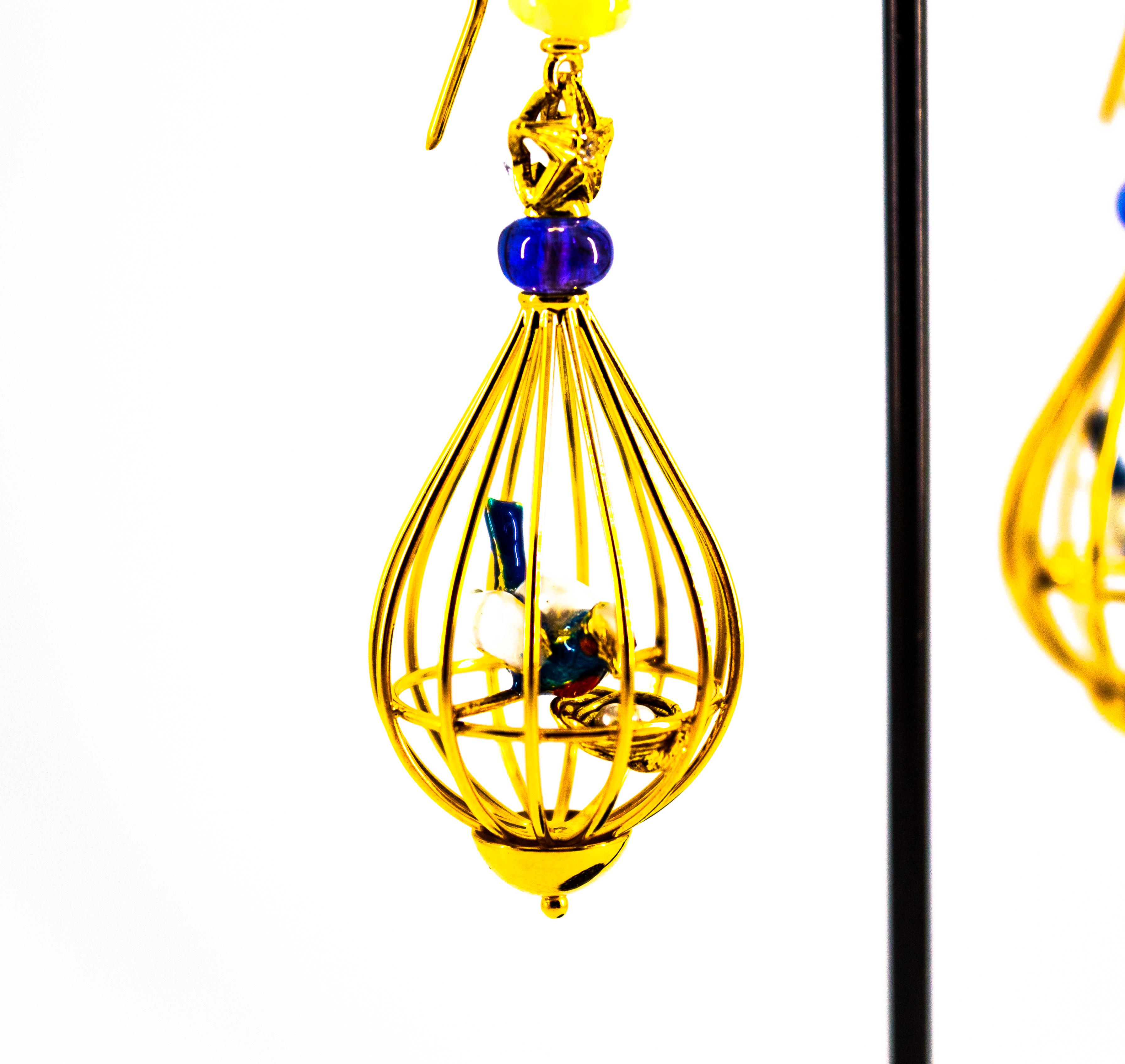 Art Nouveau White Diamond Pearl Opal Tanzanite Yellow Gold Birdcage Earrings For Sale 3