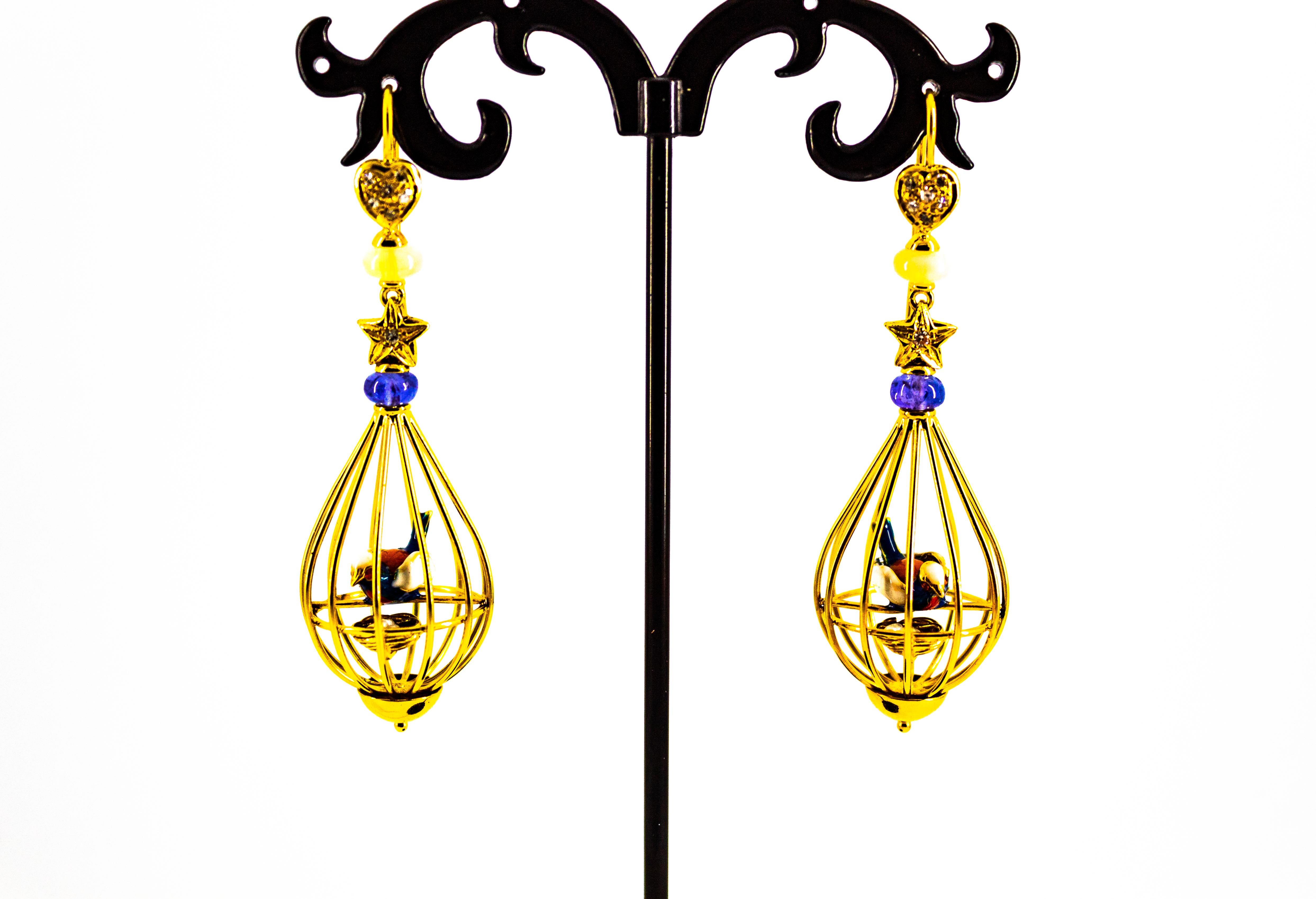 Art Nouveau White Diamond Pearl Opal Tanzanite Yellow Gold Birdcage Earrings For Sale 4