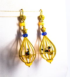 Art Nouveau White Diamond Pearl Opal Tanzanite Yellow Gold Birdcage Earrings