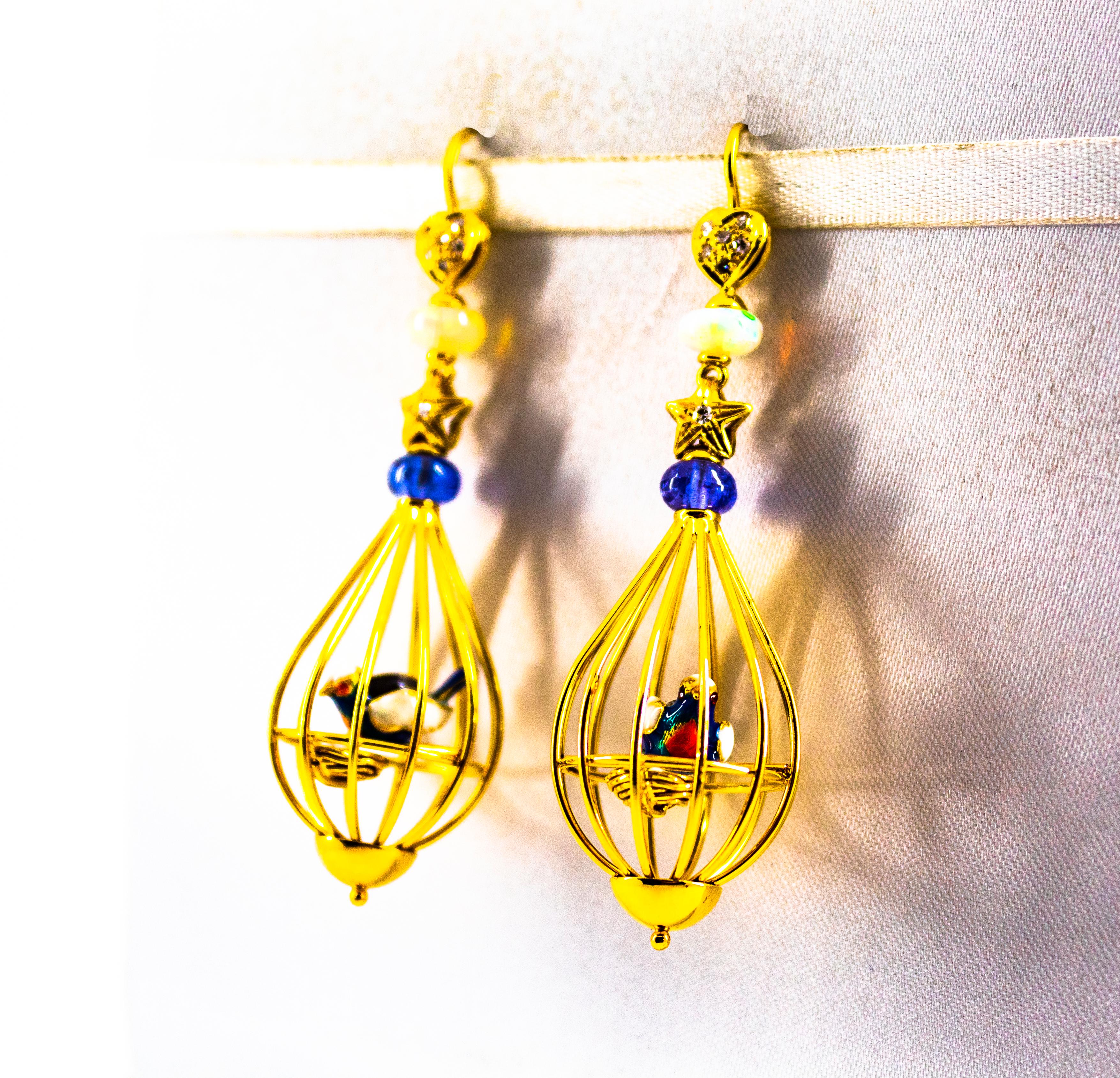 Brilliant Cut Art Nouveau White Diamond Pearl Opal Tanzanite Yellow Gold Birdcage Earrings For Sale