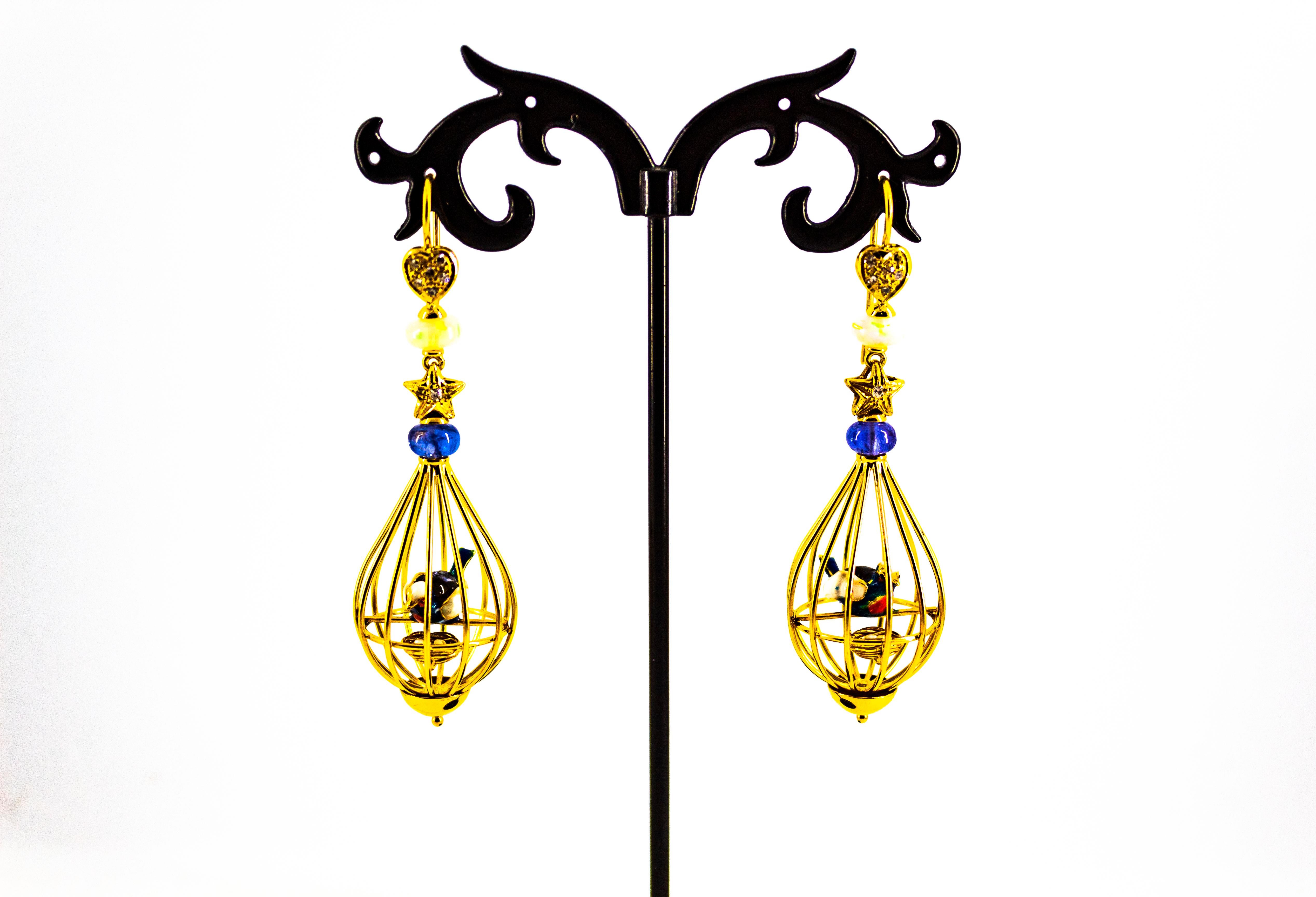 Art Nouveau White Diamond Pearl Opal Tanzanite Yellow Gold Birdcage Earrings In New Condition For Sale In Naples, IT