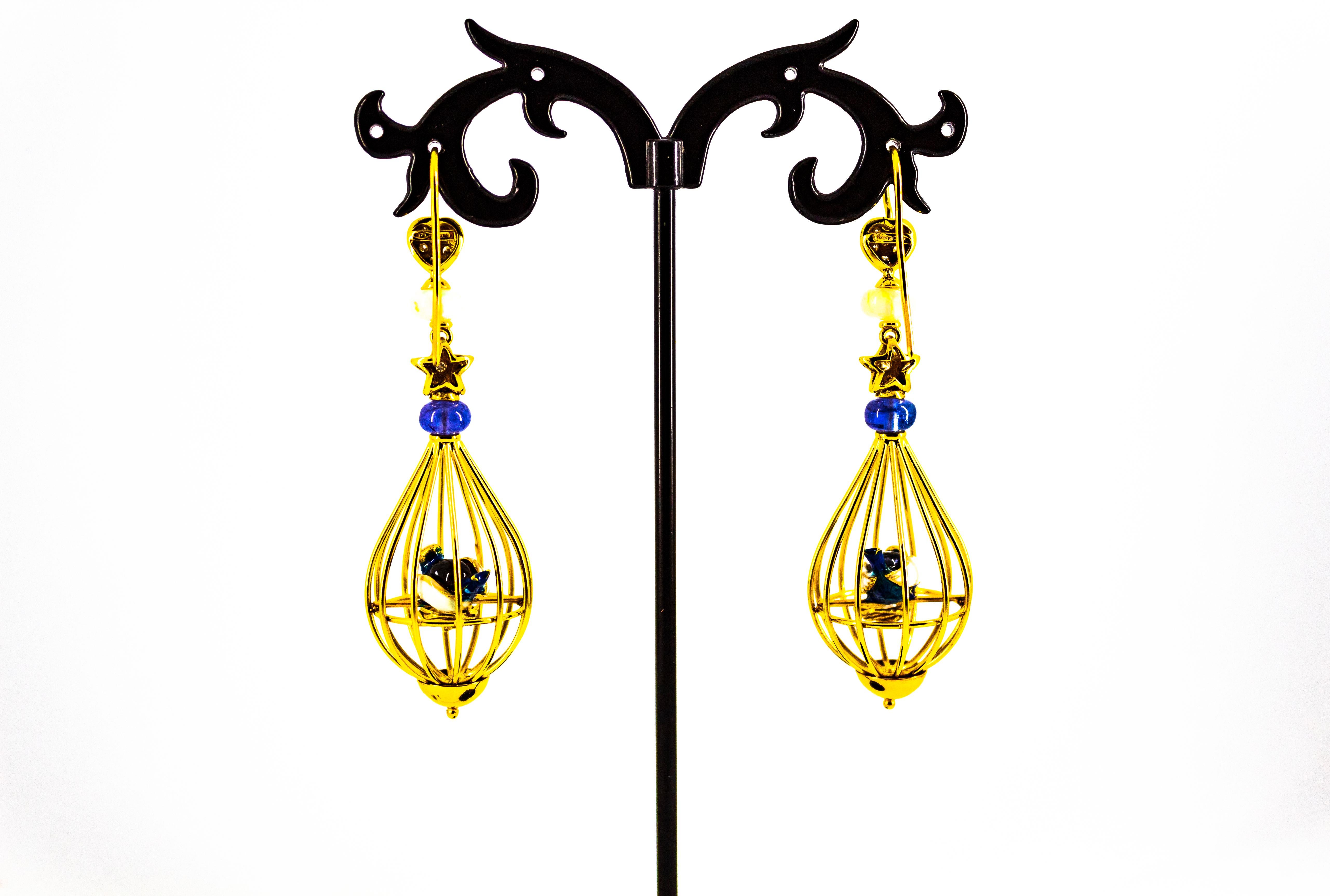 Art Nouveau White Diamond Pearl Opal Tanzanite Yellow Gold Birdcage Earrings For Sale 1