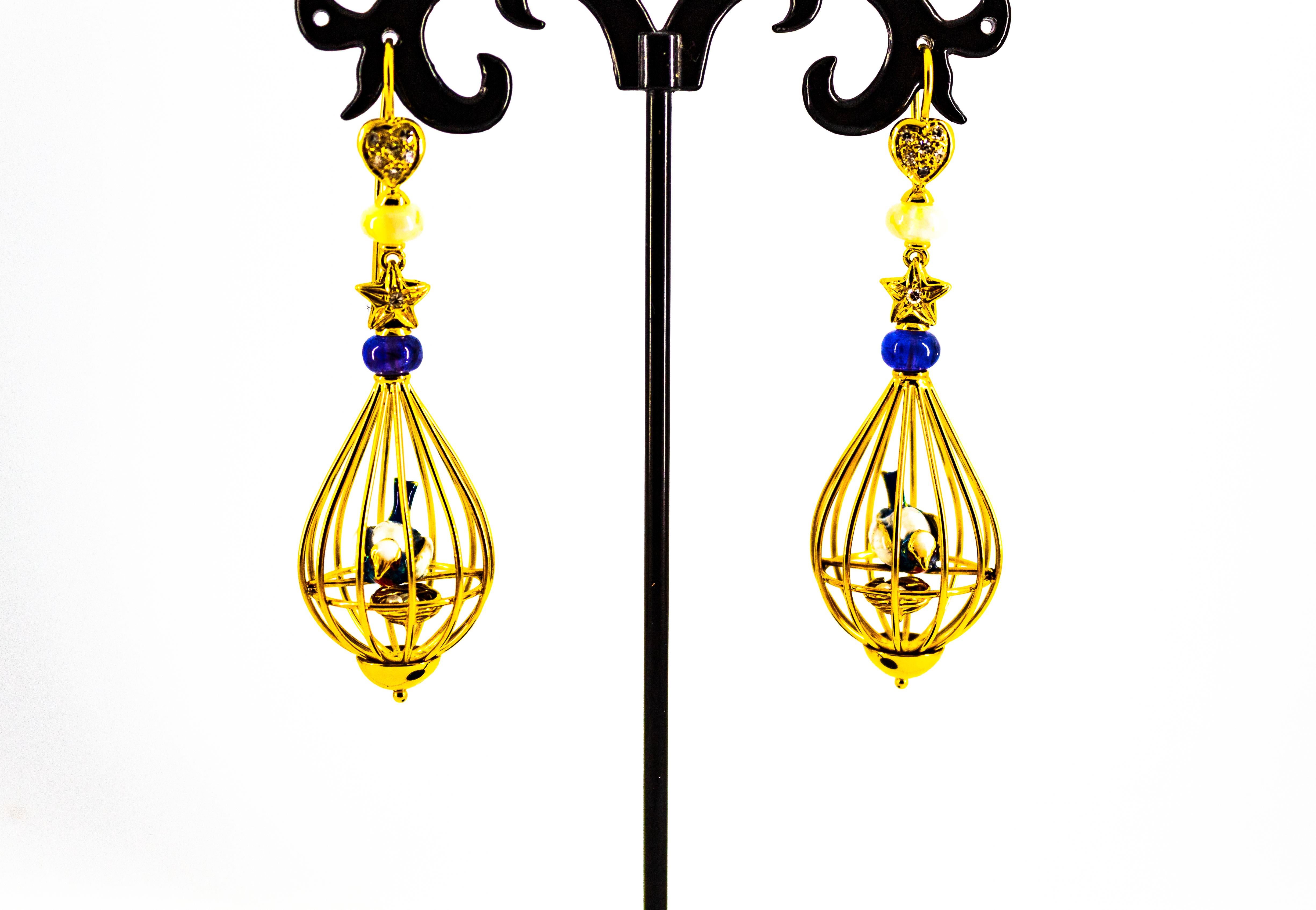 Art Nouveau White Diamond Pearl Opal Tanzanite Yellow Gold Birdcage Earrings For Sale 2