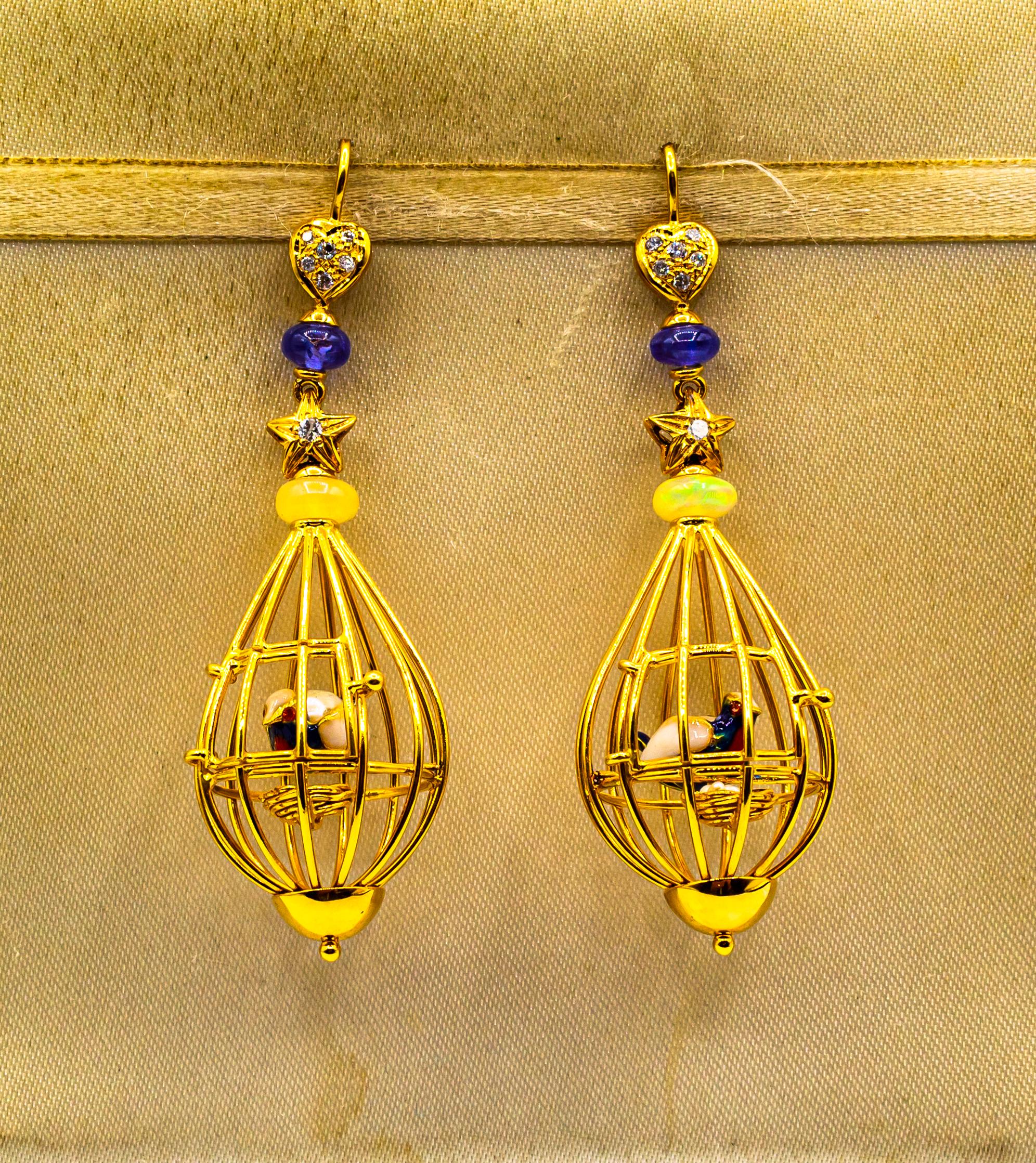 These Stud Earrings are made of 9K Yellow Gold.
These Earrings have 0.20 Carats of White Brilliant Cut Diamonds.
These Earrings have Tanzanite and Opal.
These Earrings have also Enamel and Pearls.

All our Earrings have pins for pierced ears but we