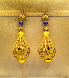 Art Nouveau White Diamond Pearl Tanzanite Opal Yellow Gold "Birdcage" Earrings
