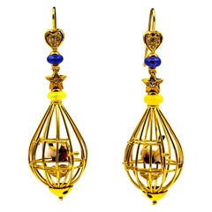 Ohrringe "Birdcage" im Jugendstil, weißer Diamant, Perle, Tansanit, Opal, Gelbgold