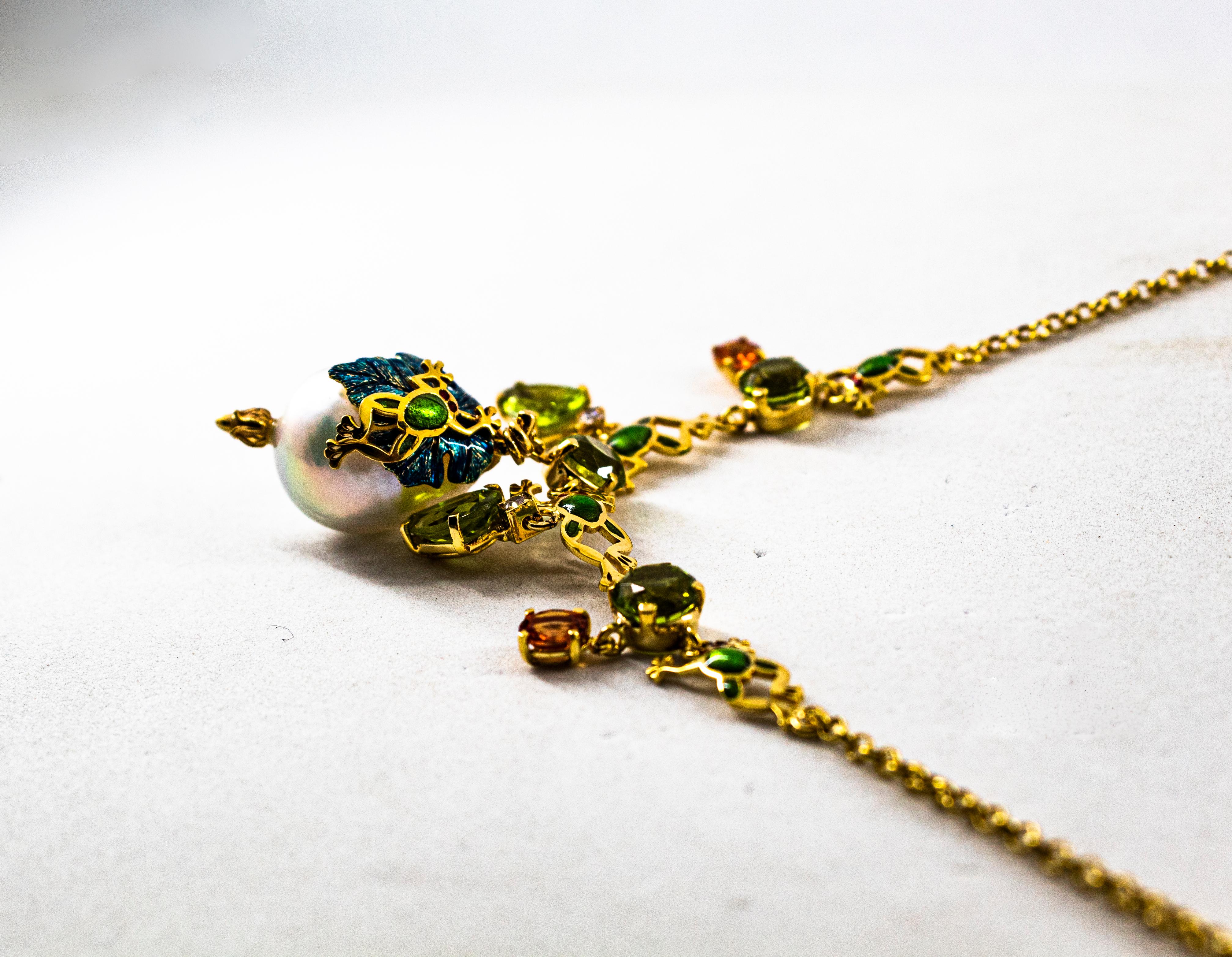 Halskette aus Gelbgold mit weißem Jugendstil-Diamant, Peridot, gelbem Saphir und Perle im Angebot 4