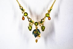 Art Nouveau White Diamond Peridot Yellow Sapphire Pearl Yellow Gold Necklace