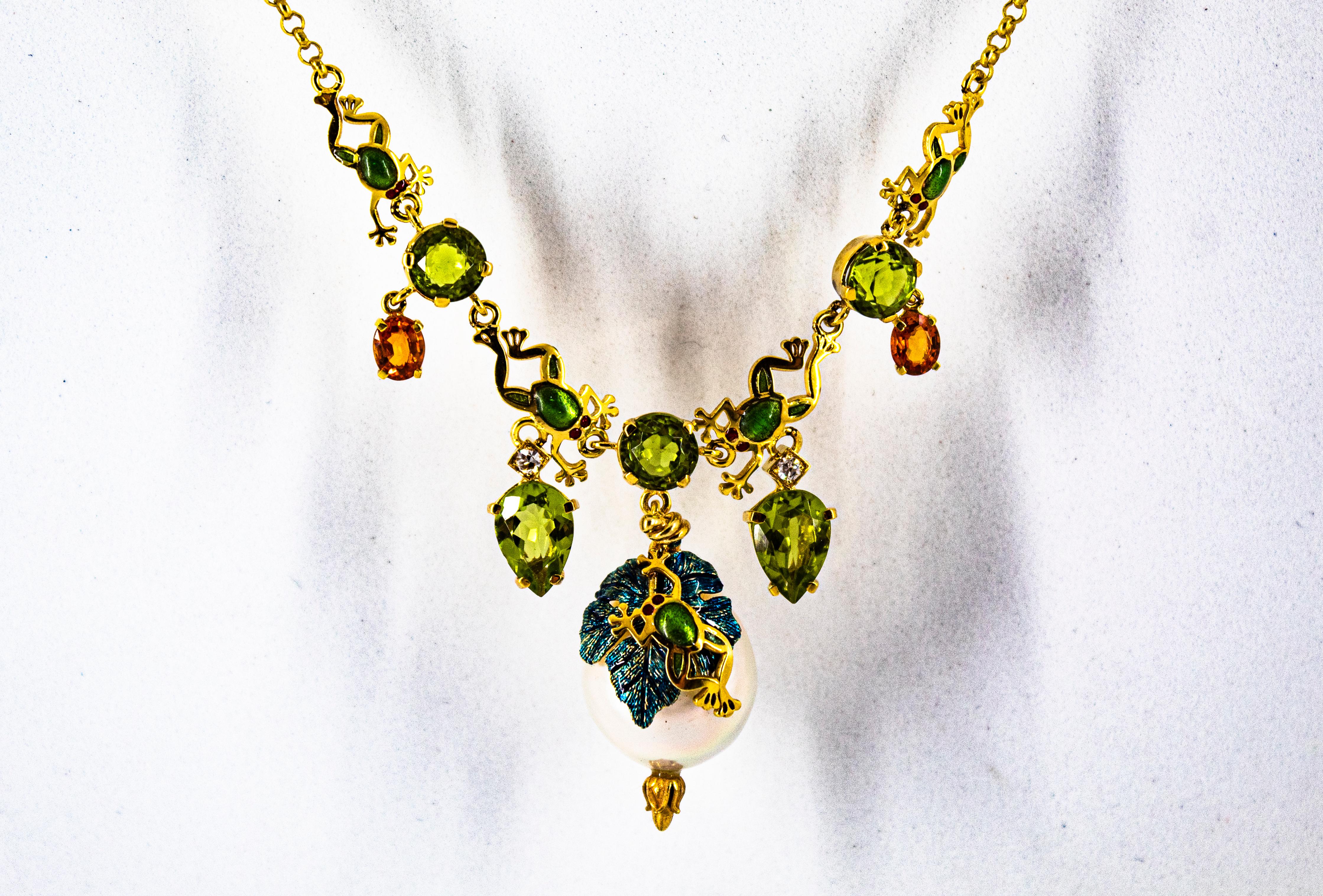 Brilliant Cut Art Nouveau White Diamond Peridot Yellow Sapphire Pearl Yellow Gold Necklace