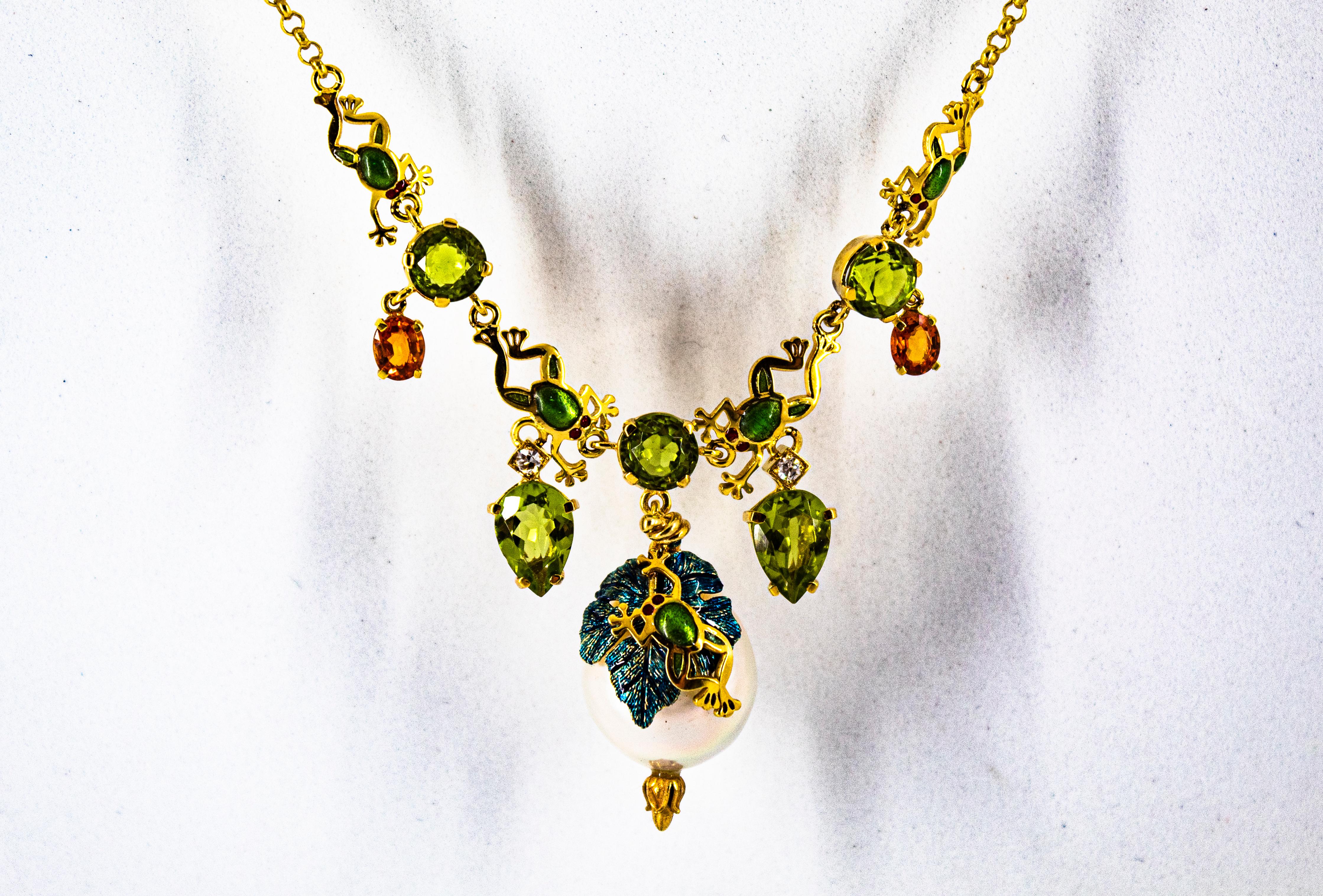 Art Nouveau Diamante Blanco Peridoto Zafiro Amarillo Perla Collar de Oro Amarillo Corte brillante