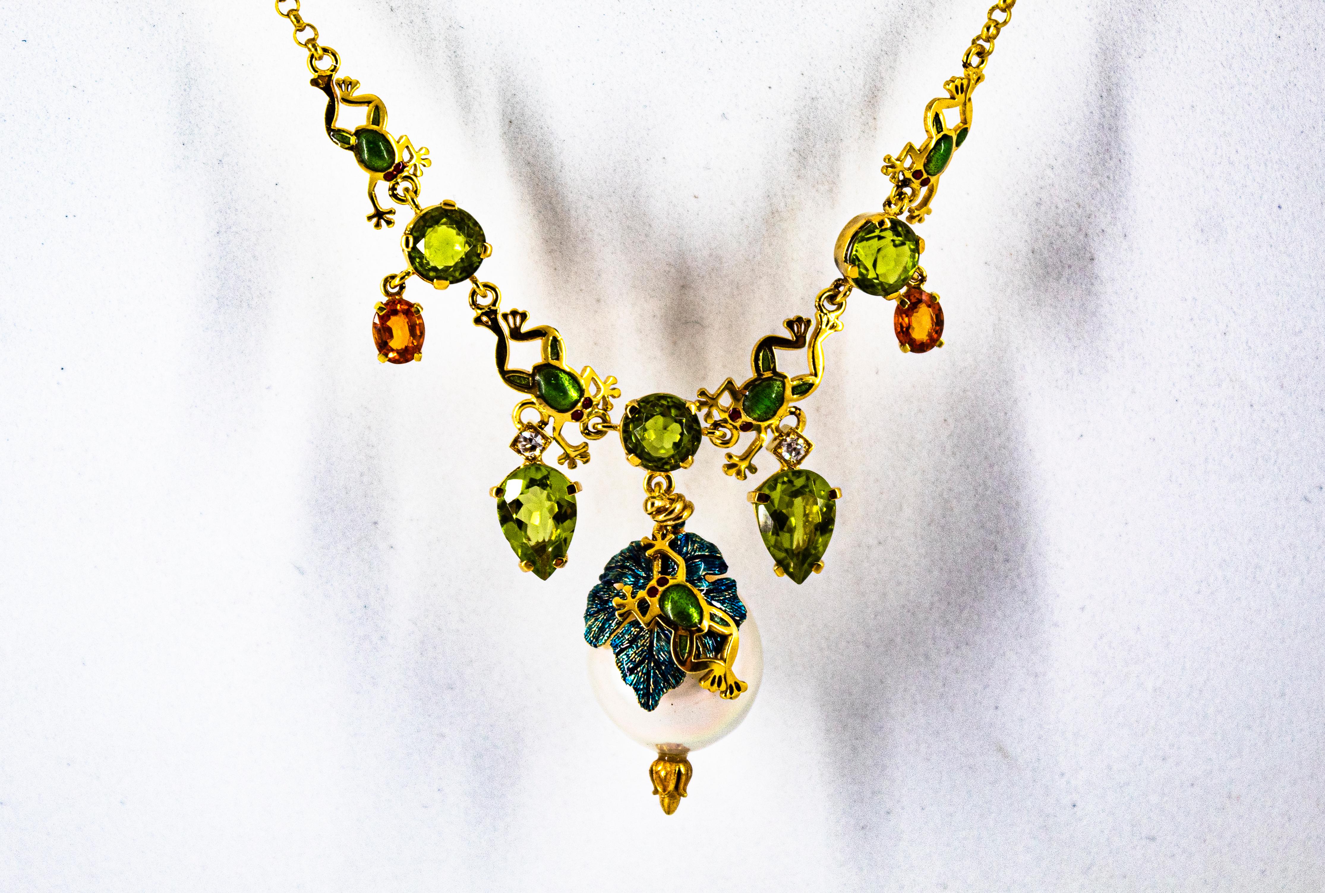 Halskette aus Gelbgold mit weißem Jugendstil-Diamant, Peridot, gelbem Saphir und Perle (Brillantschliff) im Angebot