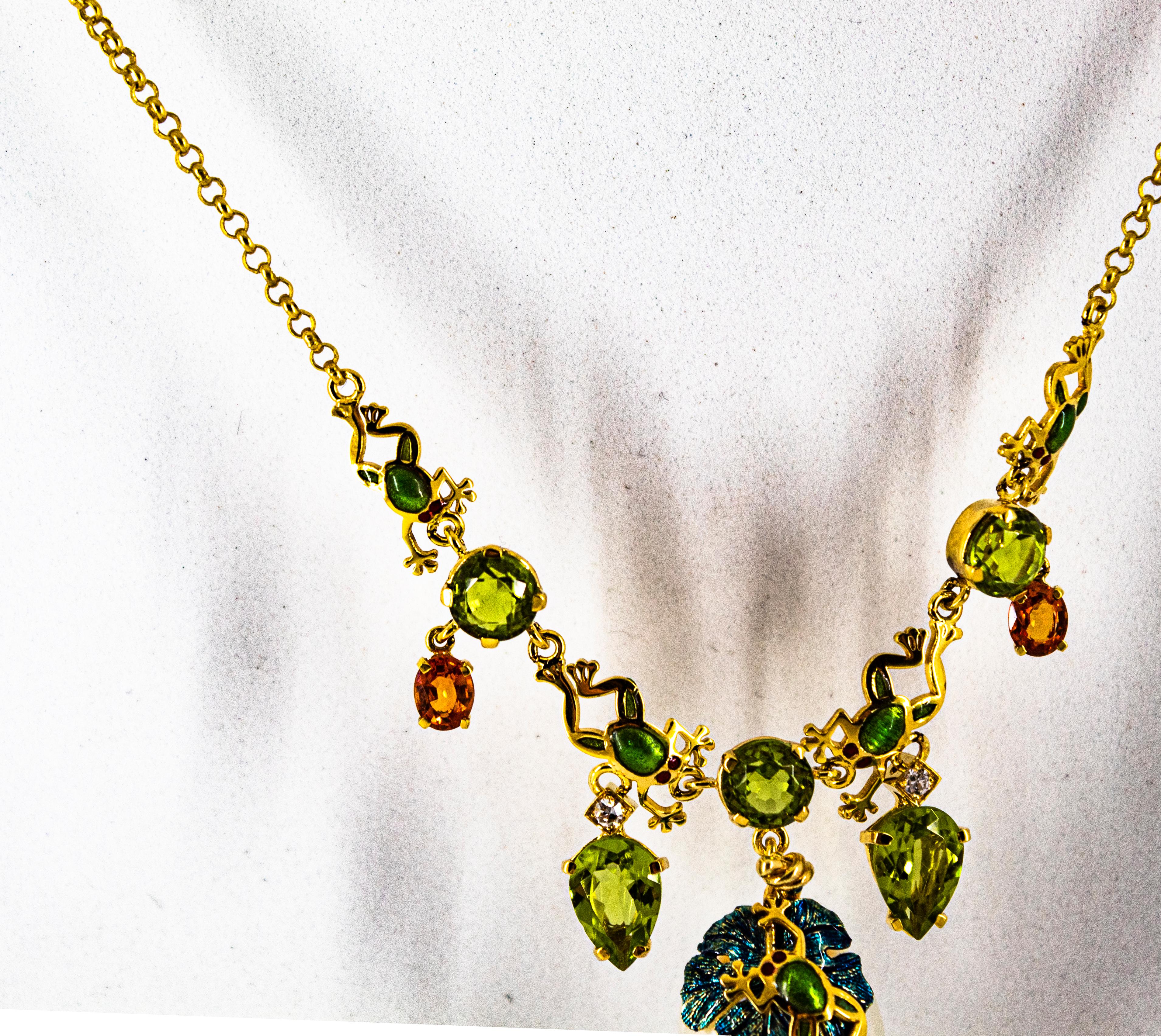 Women's or Men's Art Nouveau White Diamond Peridot Yellow Sapphire Pearl Yellow Gold Necklace