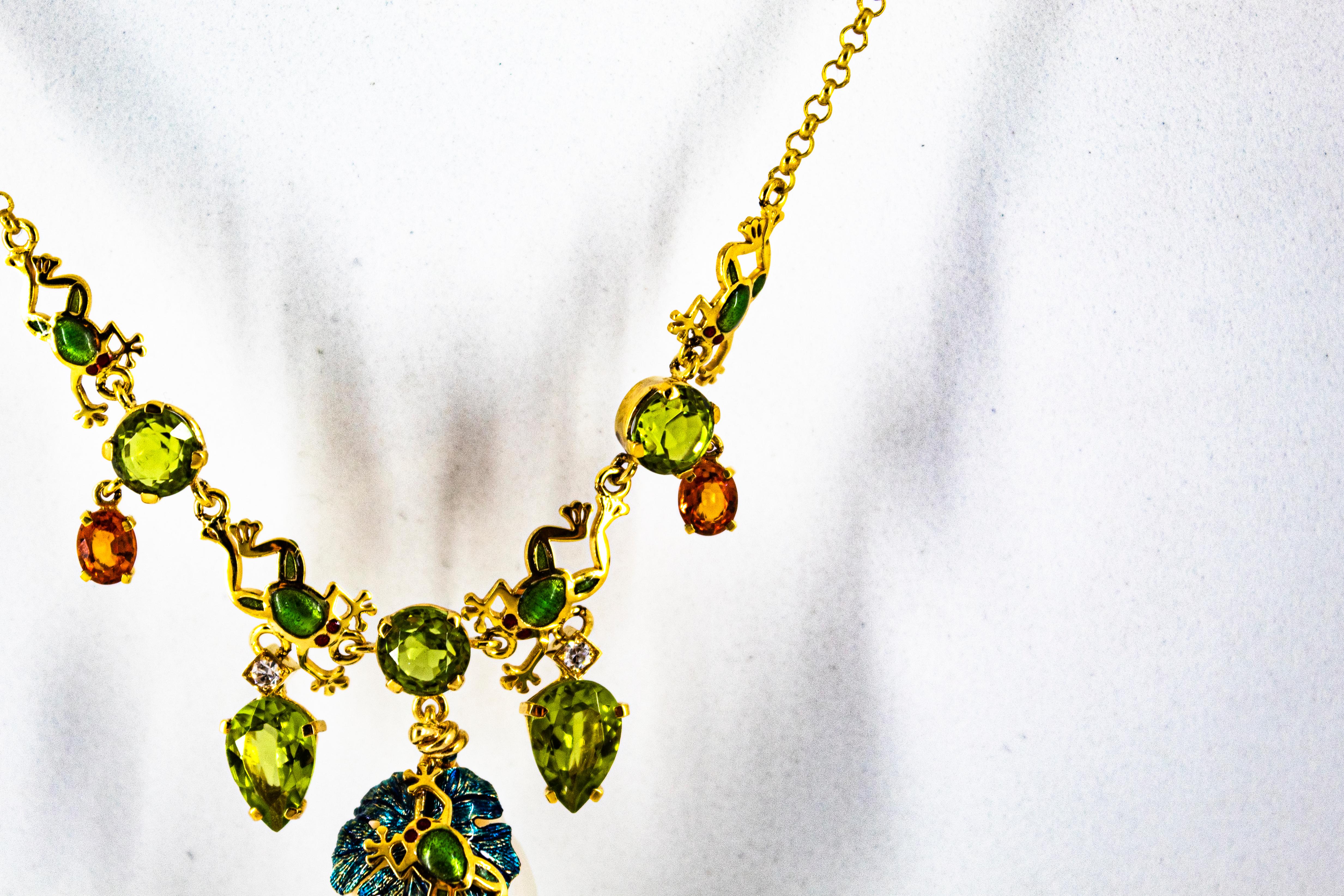 Halskette aus Gelbgold mit weißem Jugendstil-Diamant, Peridot, gelbem Saphir und Perle für Damen oder Herren im Angebot